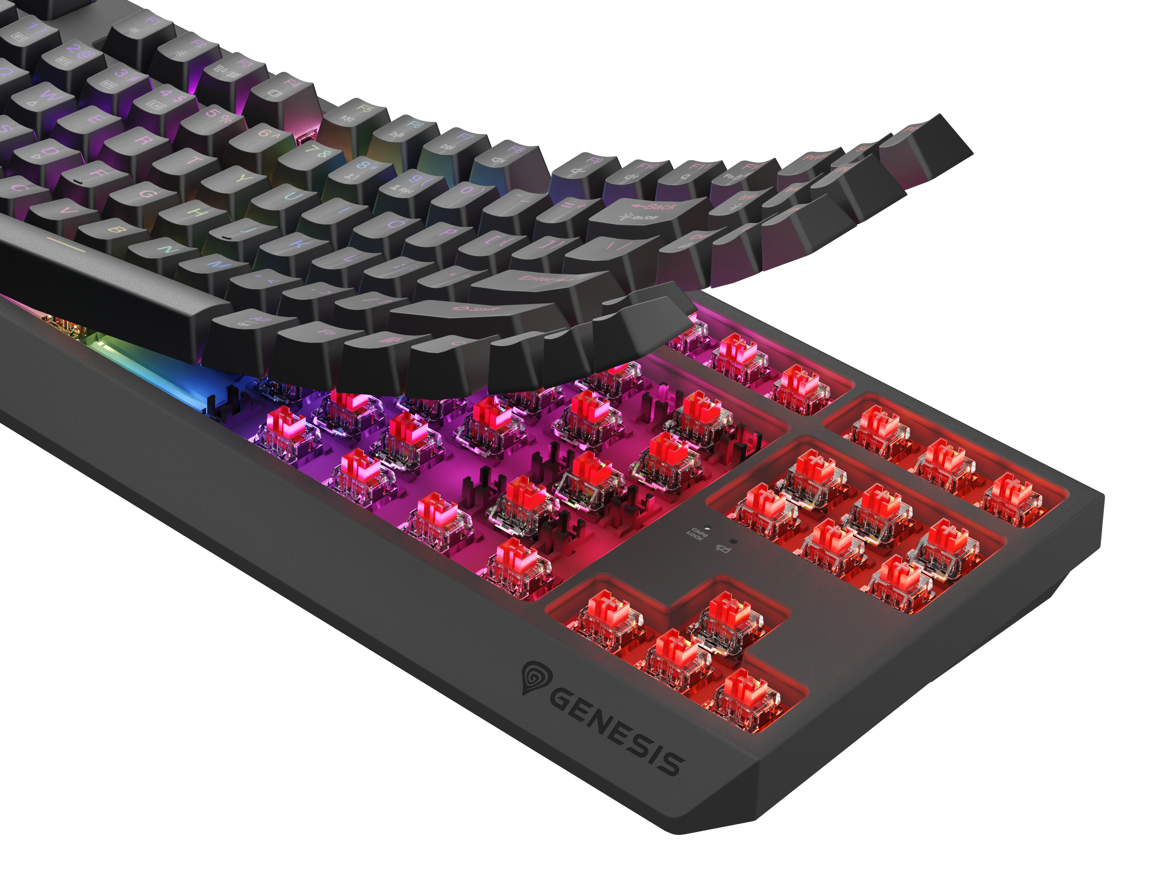 Klawiatura mechaniczna z czerwonymi przełącznikami i podświetleniem RGB, zbliżenie.