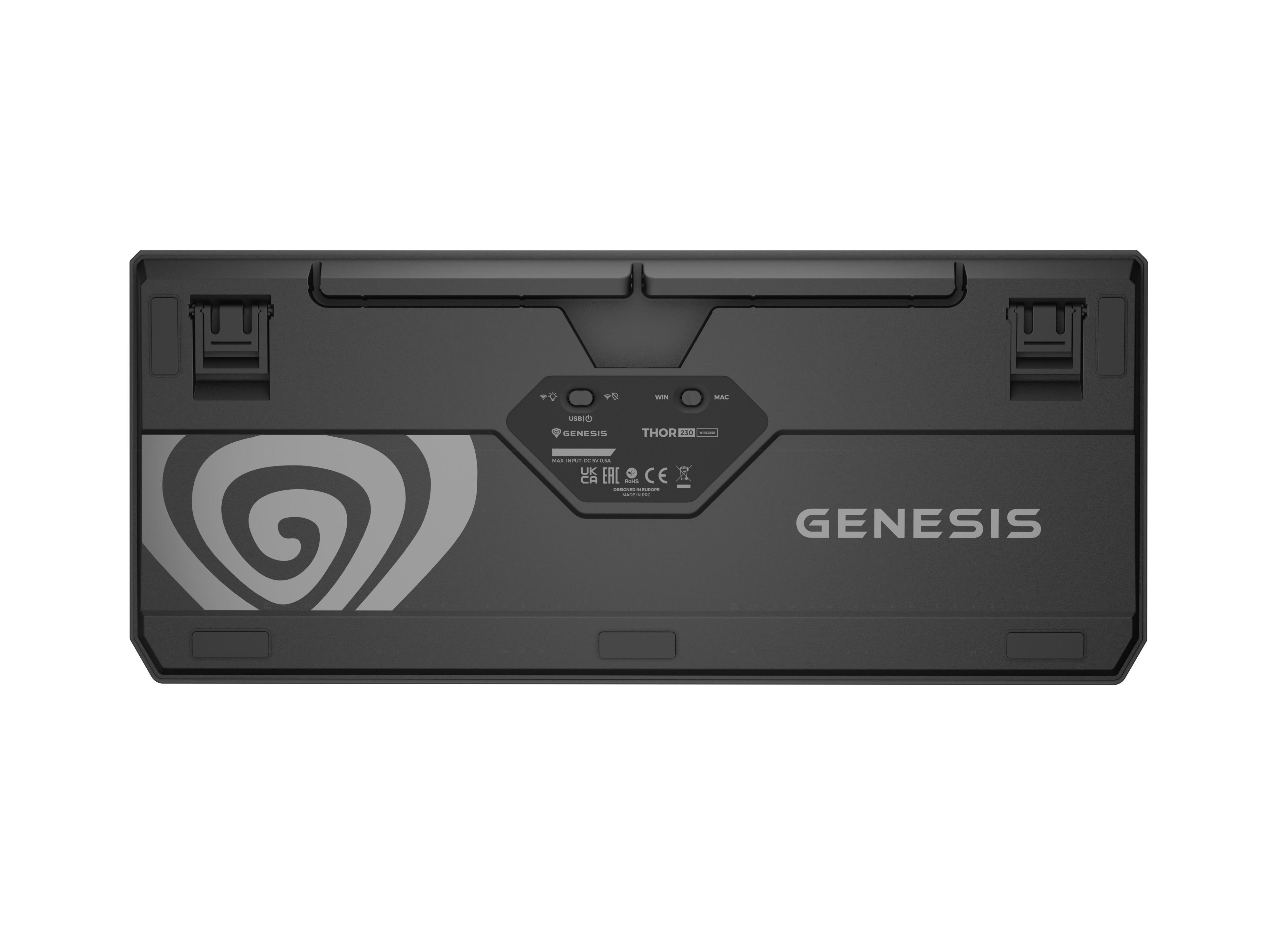 Tył czarnej klawiatury z logo Genesis i wzorem wiru.