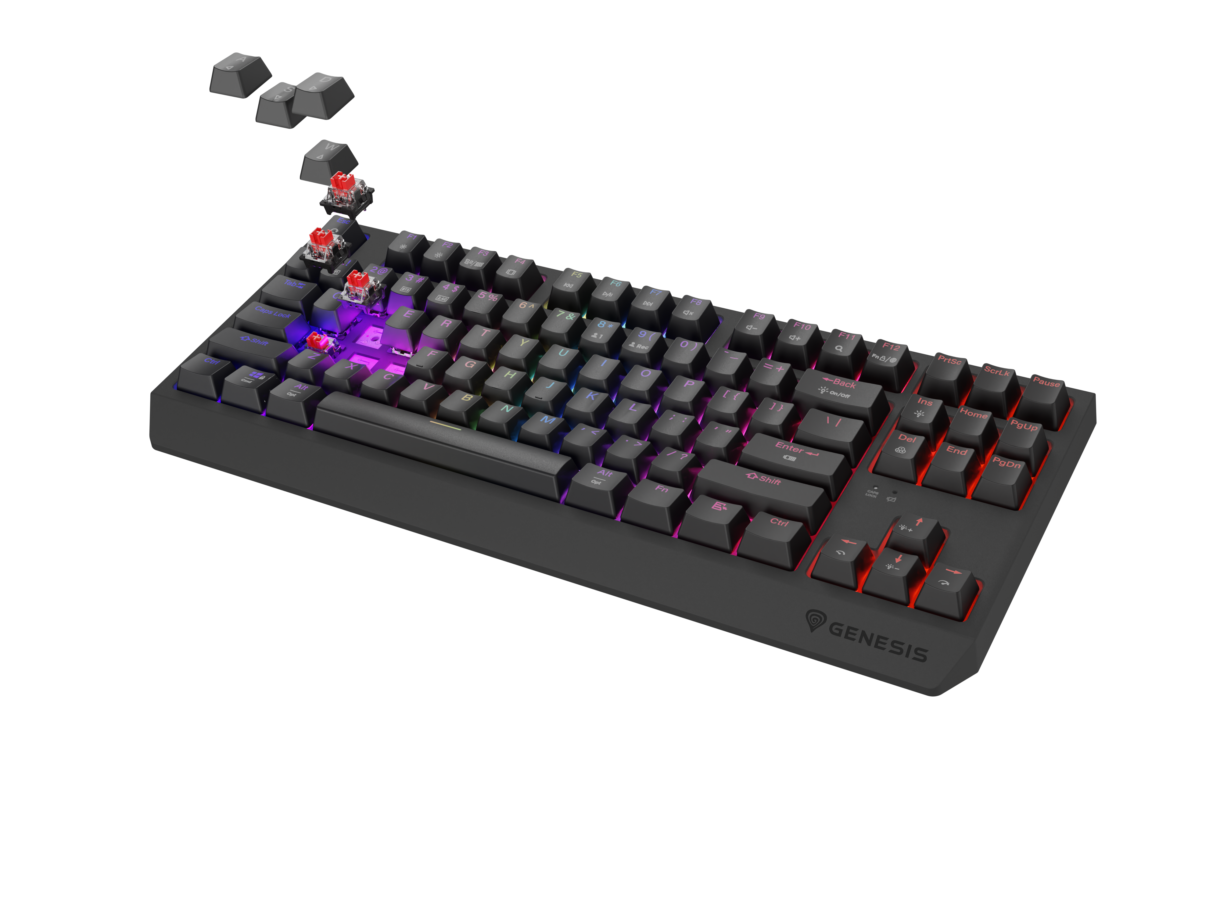 Czarna klawiatura gamingowa z podświetleniem RGB i czerwonymi przełącznikami.