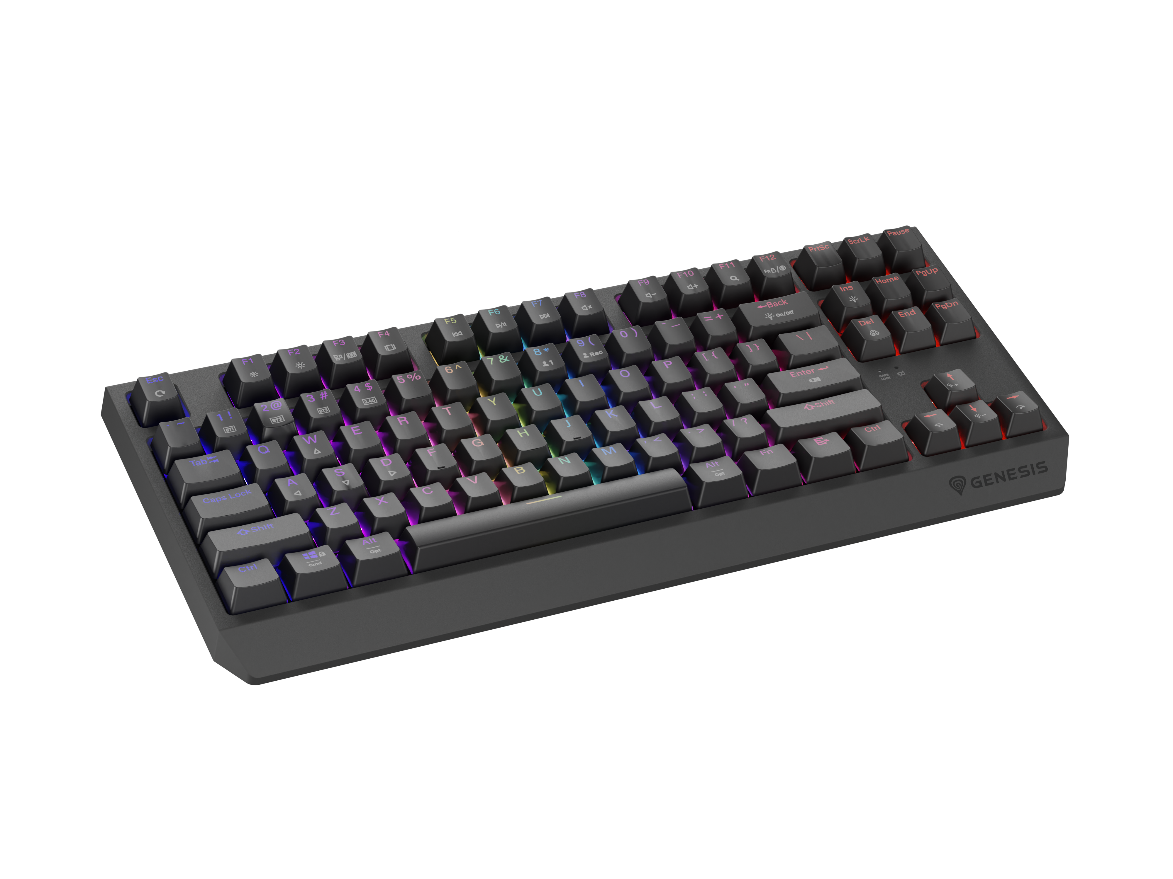 Ciemna klawiatura z podświetleniem RGB na czarnym tle.