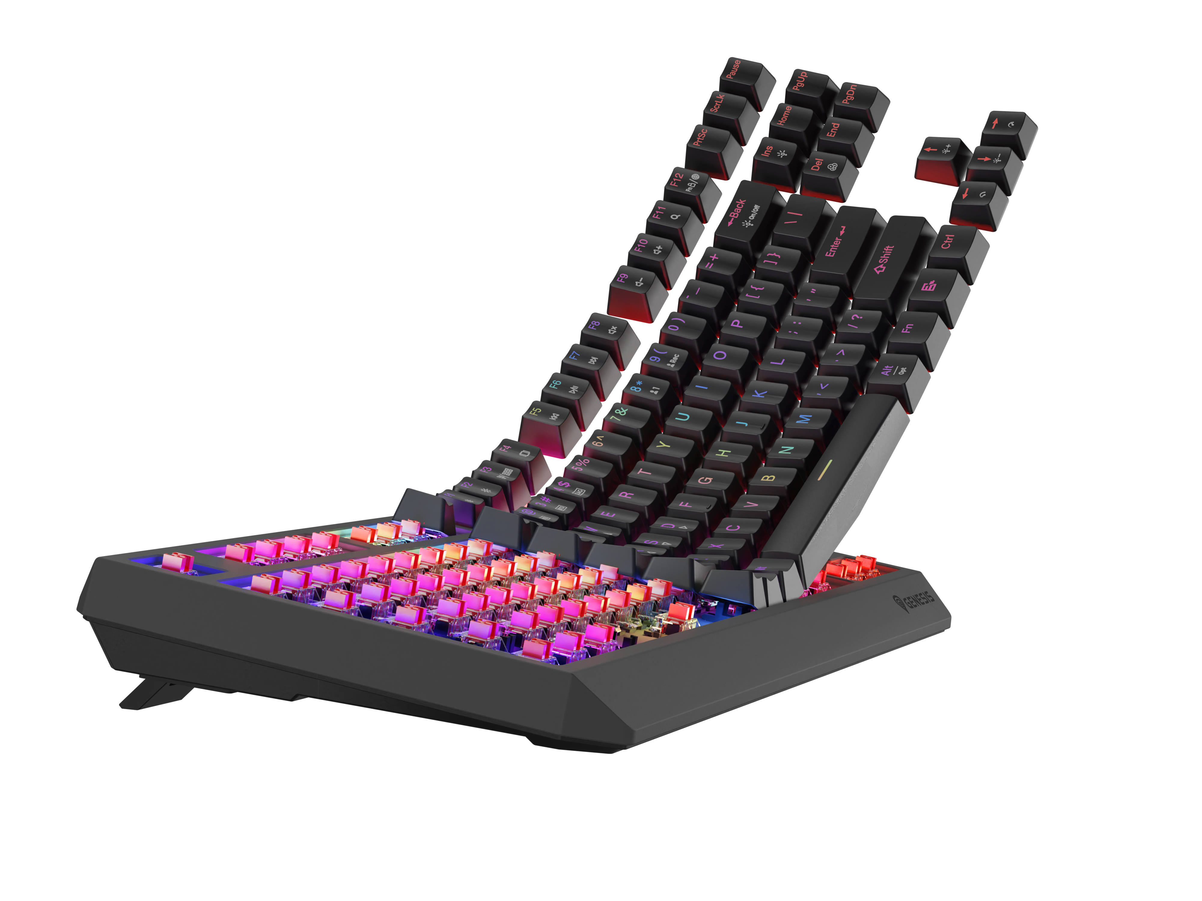 Czarna klawiatura gamingowa z podświetleniem RGB, klawisze ułożone łukowato.