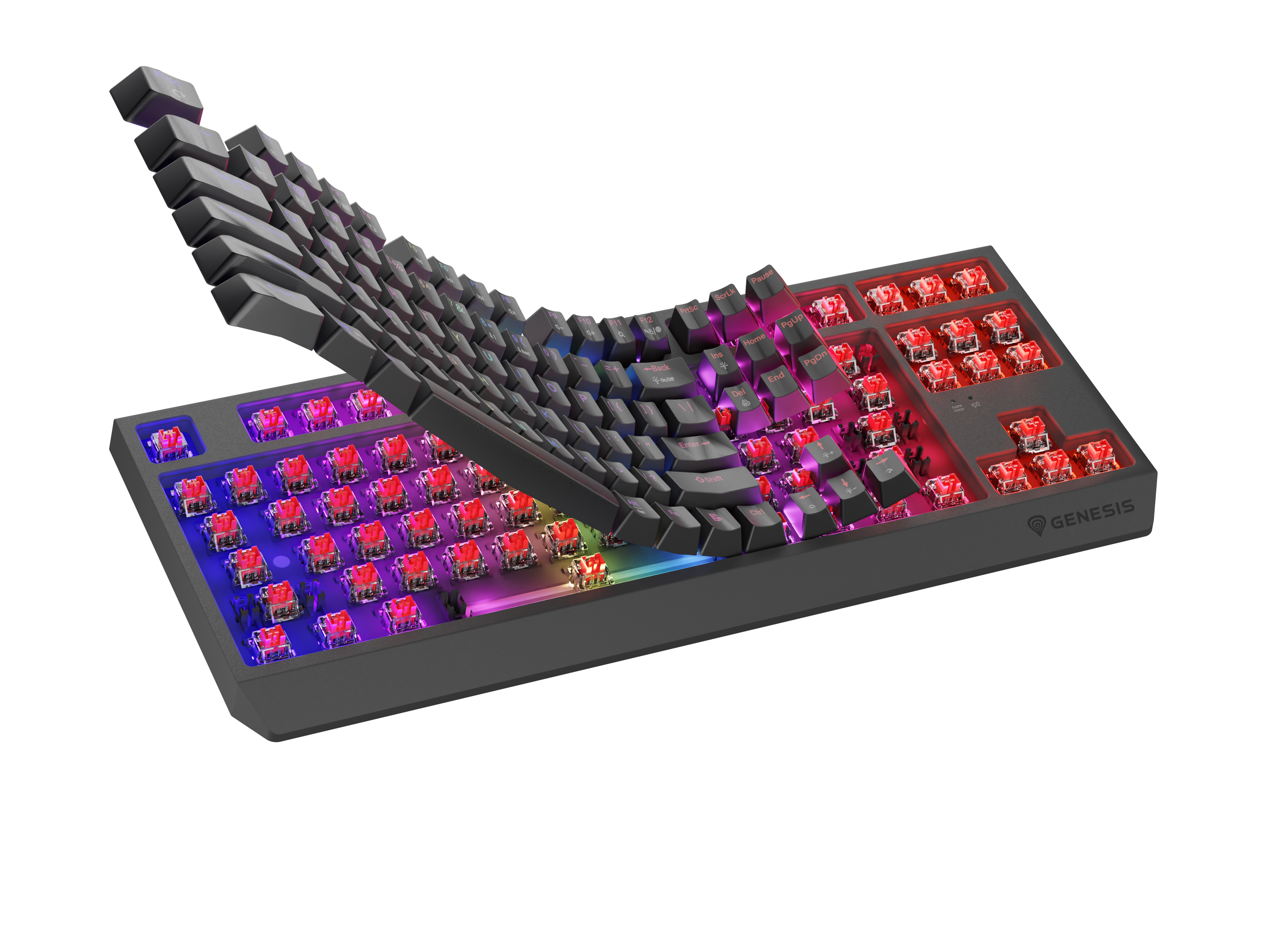 Szara klawiatura z czerwonymi przełącznikami i podświetleniem RGB, częściowo podniesiona.