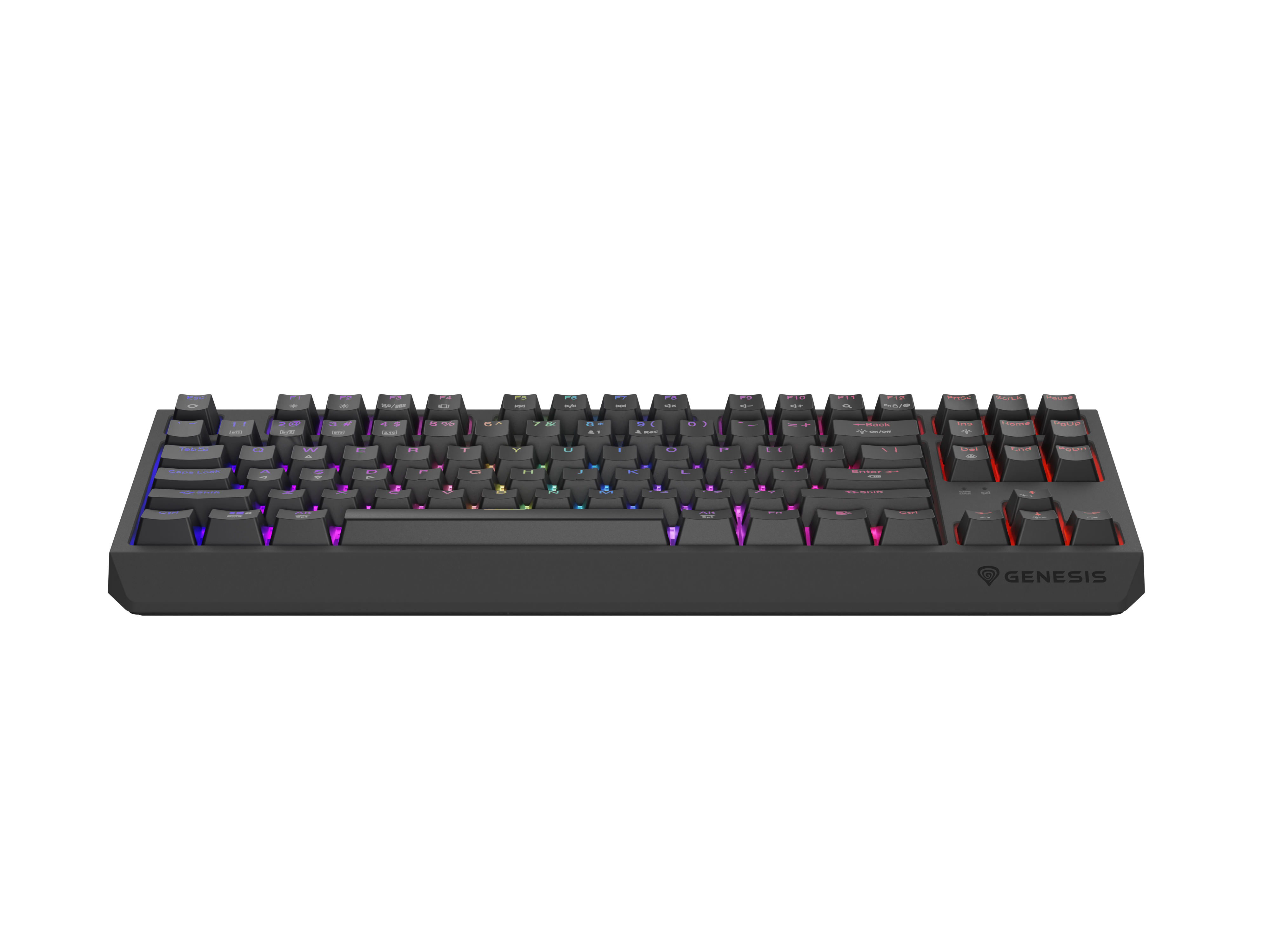 Ciemna klawiatura gamingowa z podświetlanymi klawiszami RGB i logo Genesis.