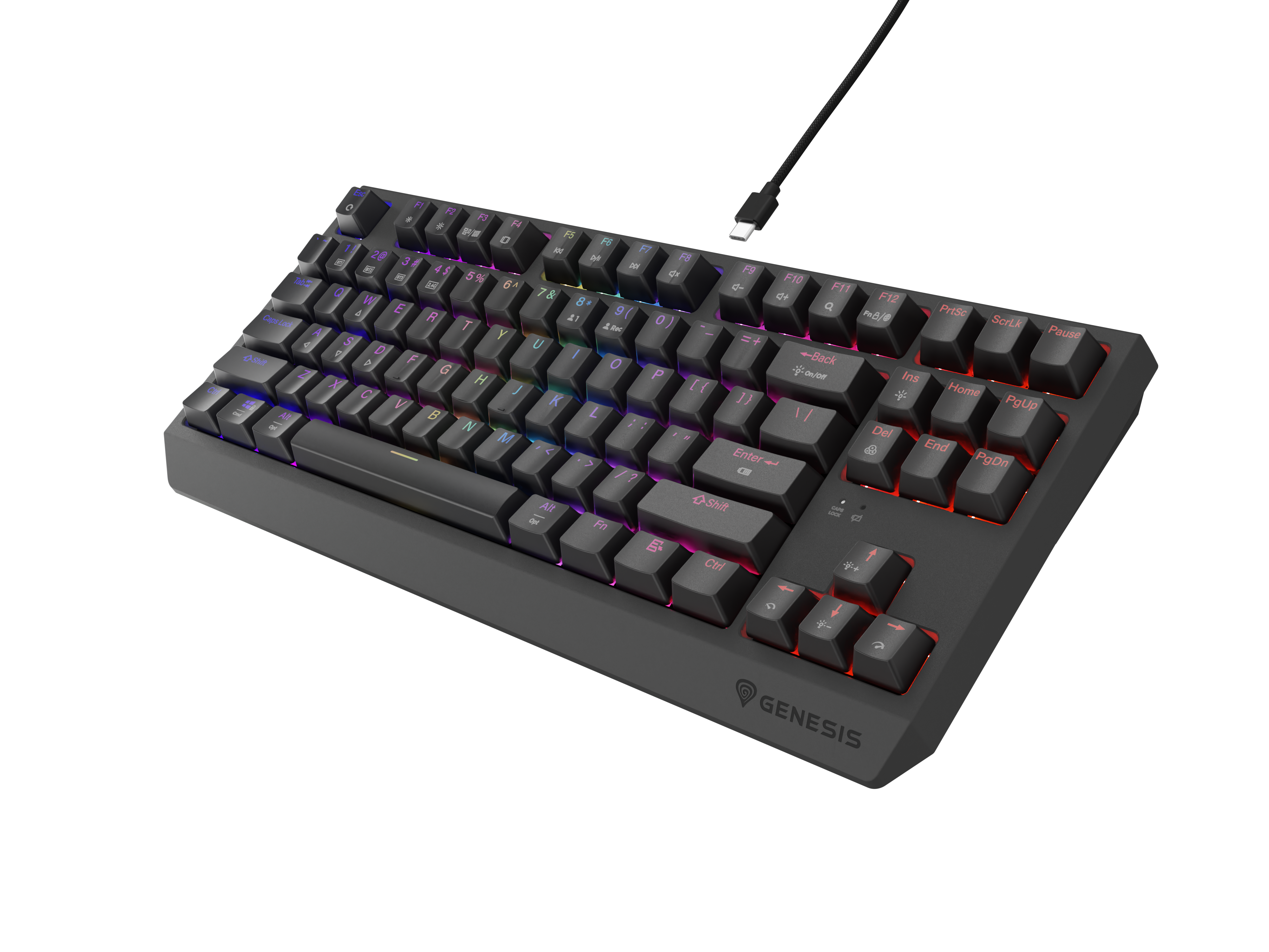 Czarna klawiatura z podświetleniem RGB i kablem USB-C na czarnym tle.
