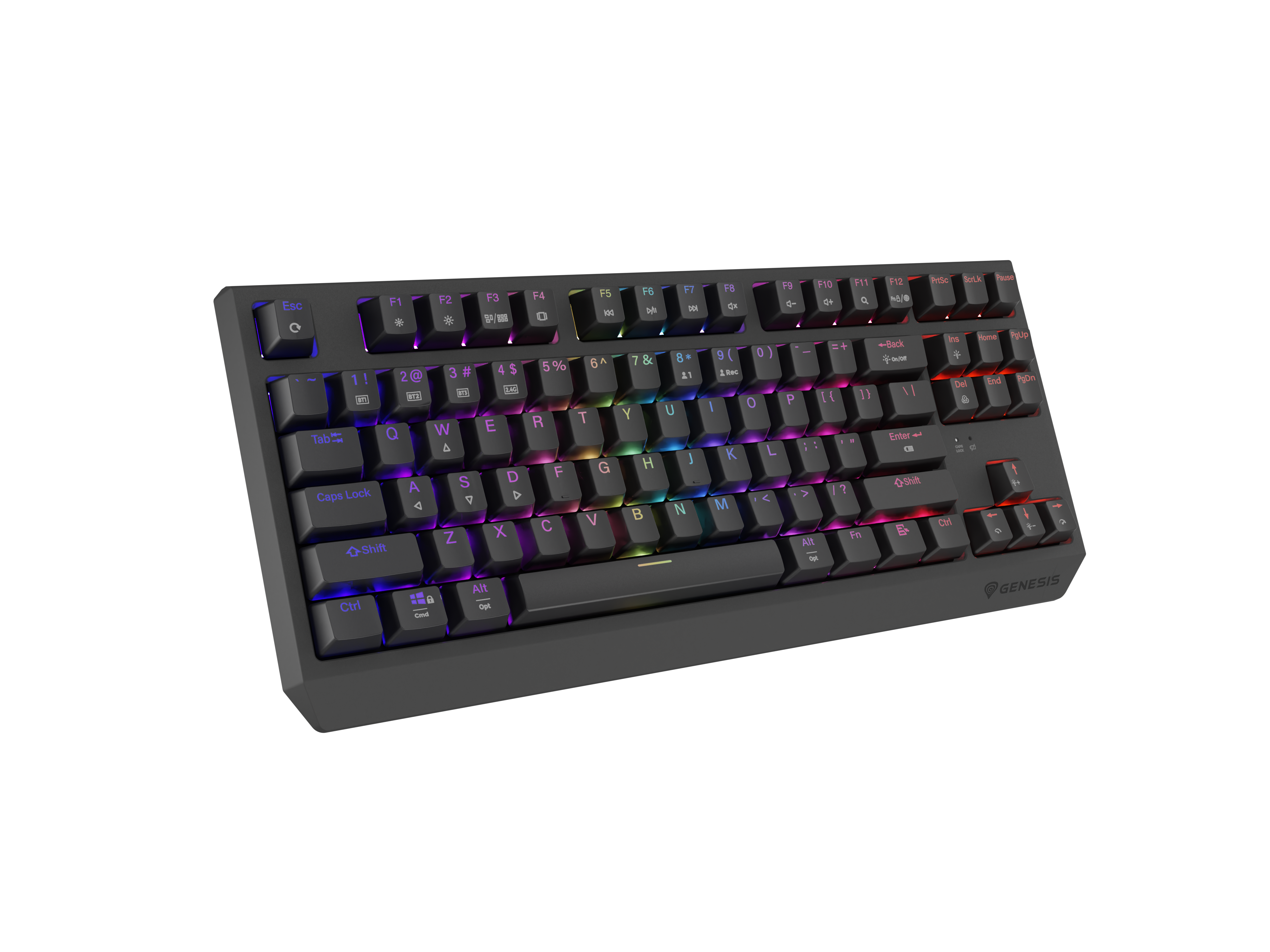 Czarna klawiatura z podświetleniem RGB, widziana z boku pod lekkim kątem.
