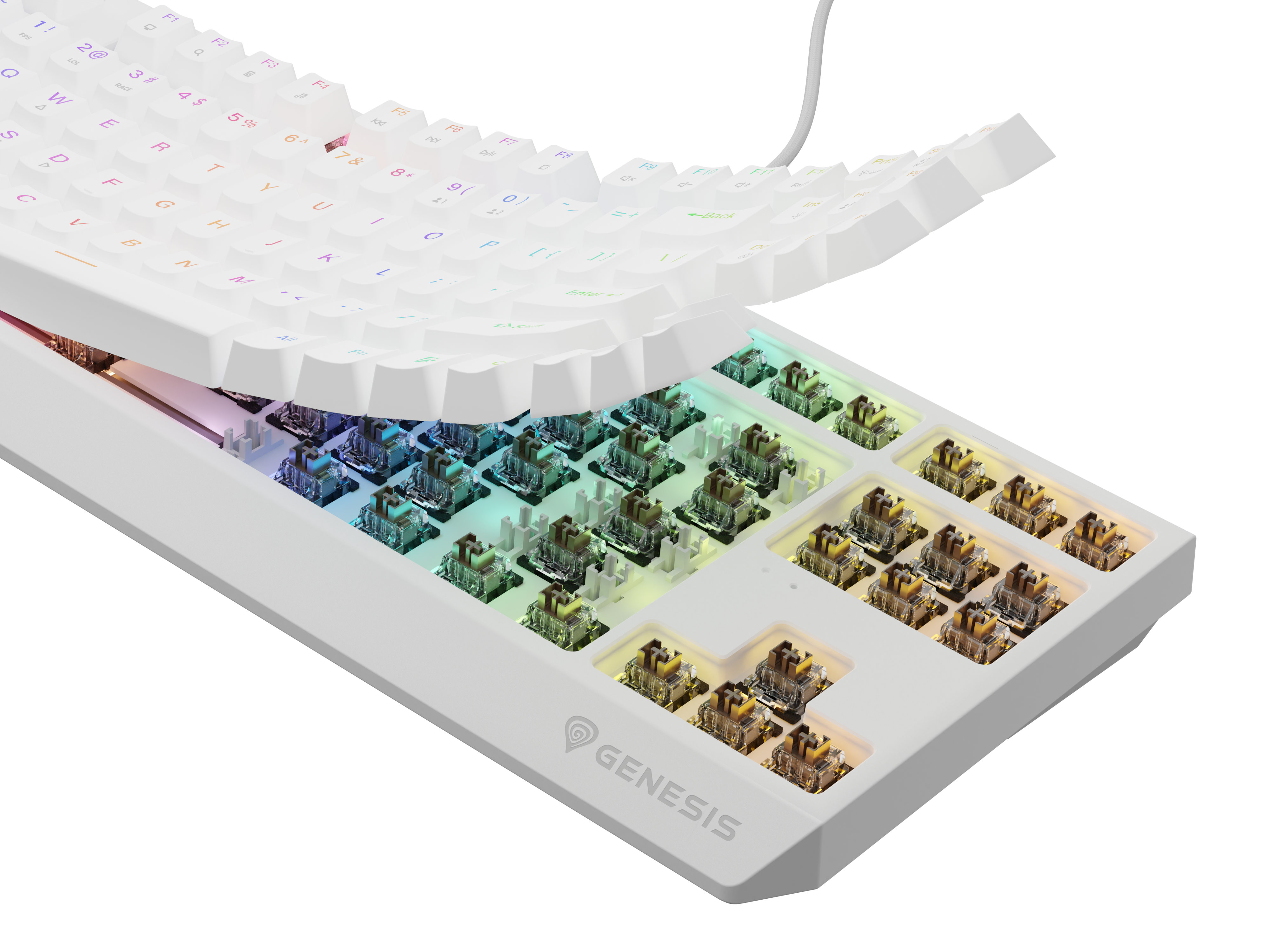 Biała klawiatura z widocznymi przełącznikami i podświetleniem RGB.
