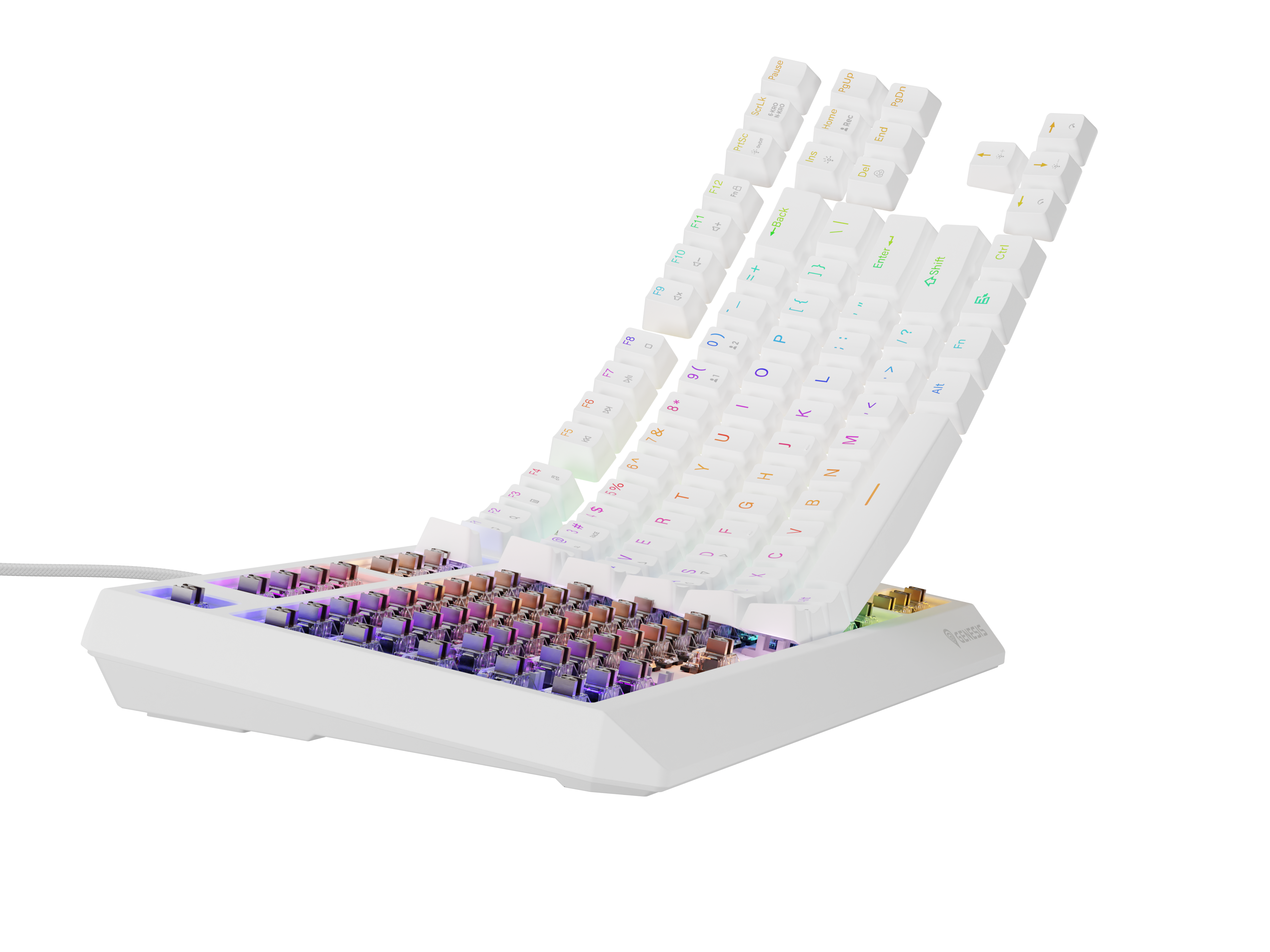 Biała klawiatura z podświetleniem RGB, klawisze skierowane ku górze, na czarnym tle.