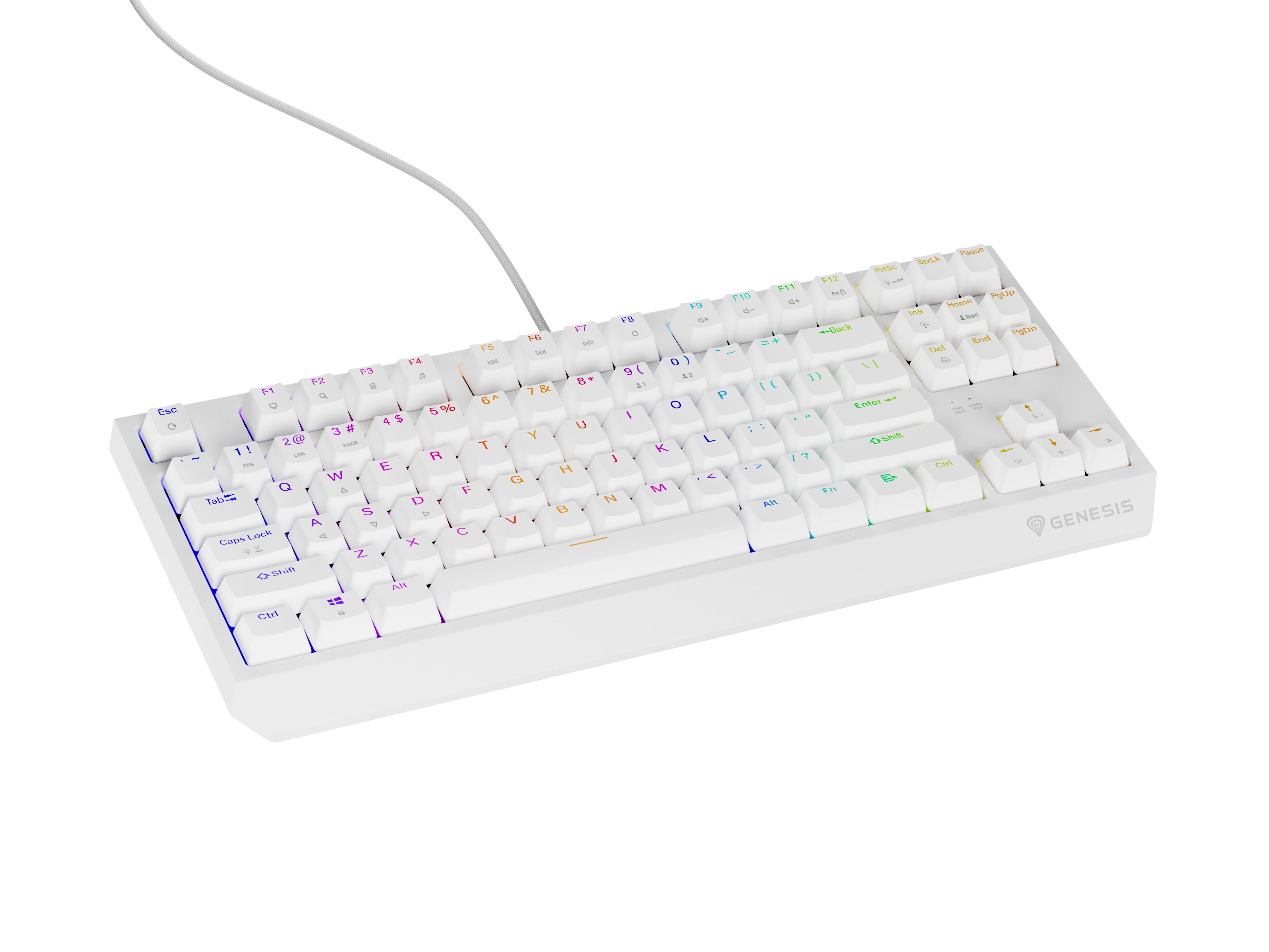 Biała klawiatura gamingowa z podświetleniem RGB na czarnym tle.