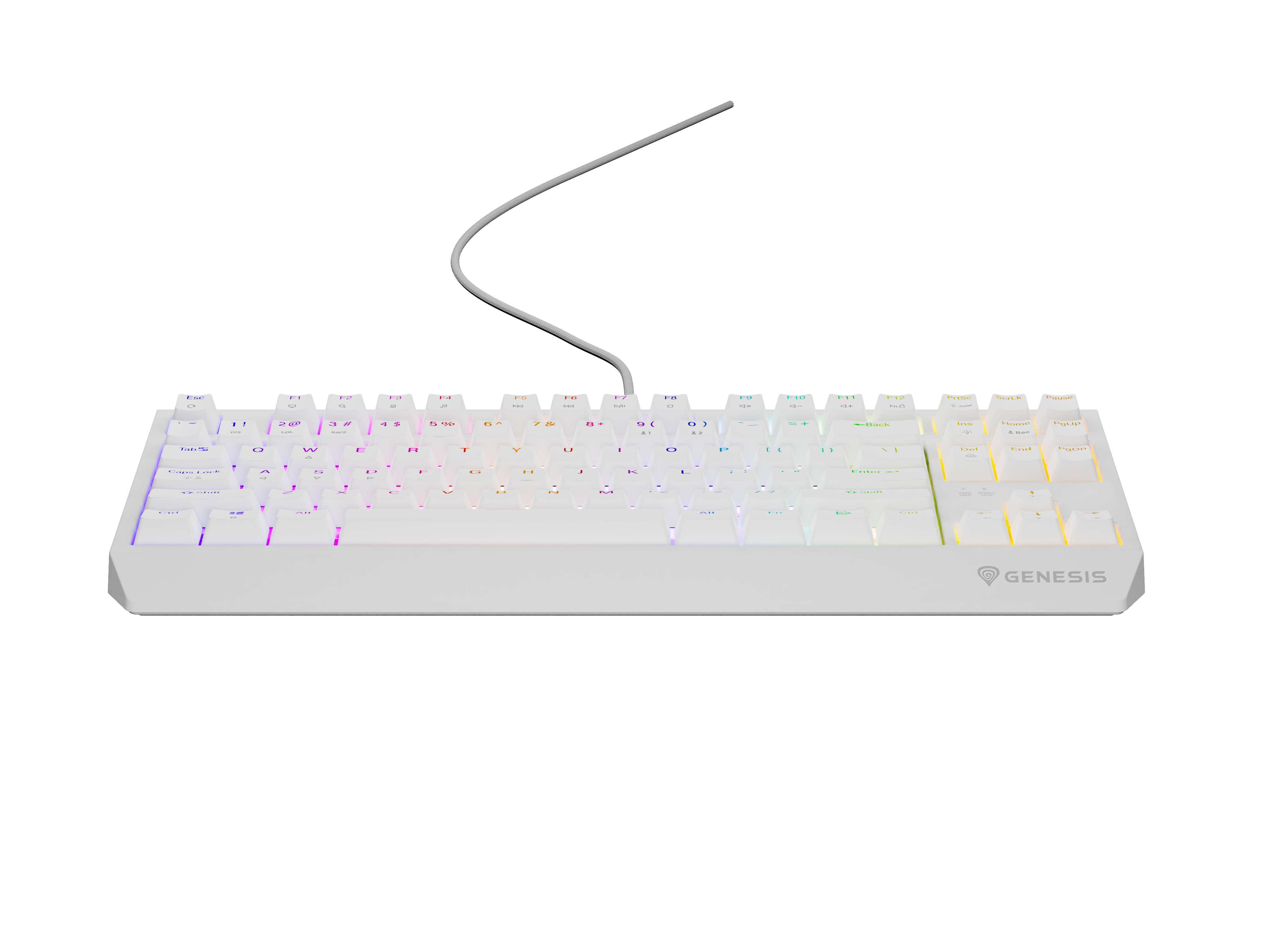 Biała klawiatura gamingowa z podświetleniem RGB i logo Genesis.