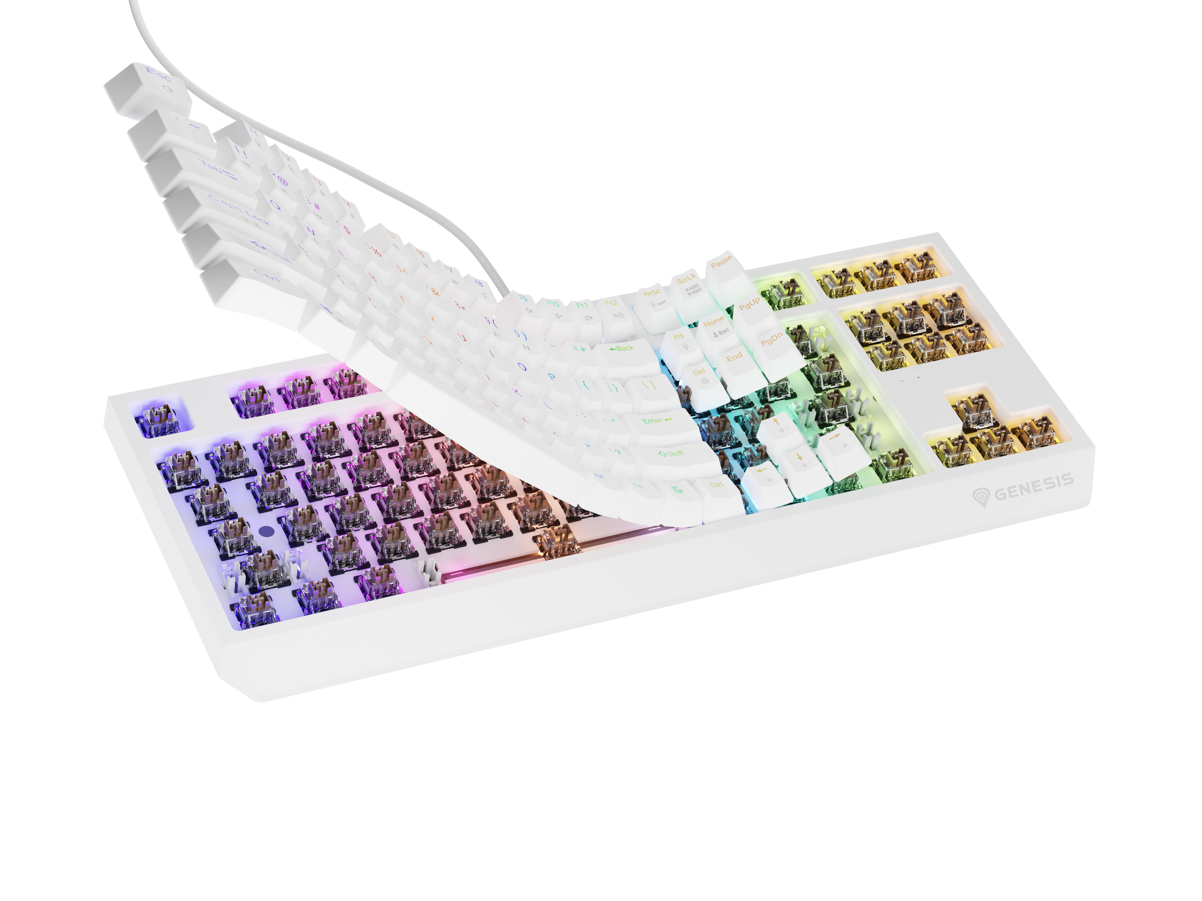 Biała klawiatura z wygiętą do tyłu górną częścią, ukazującą przełączniki i oświetlenie RGB.