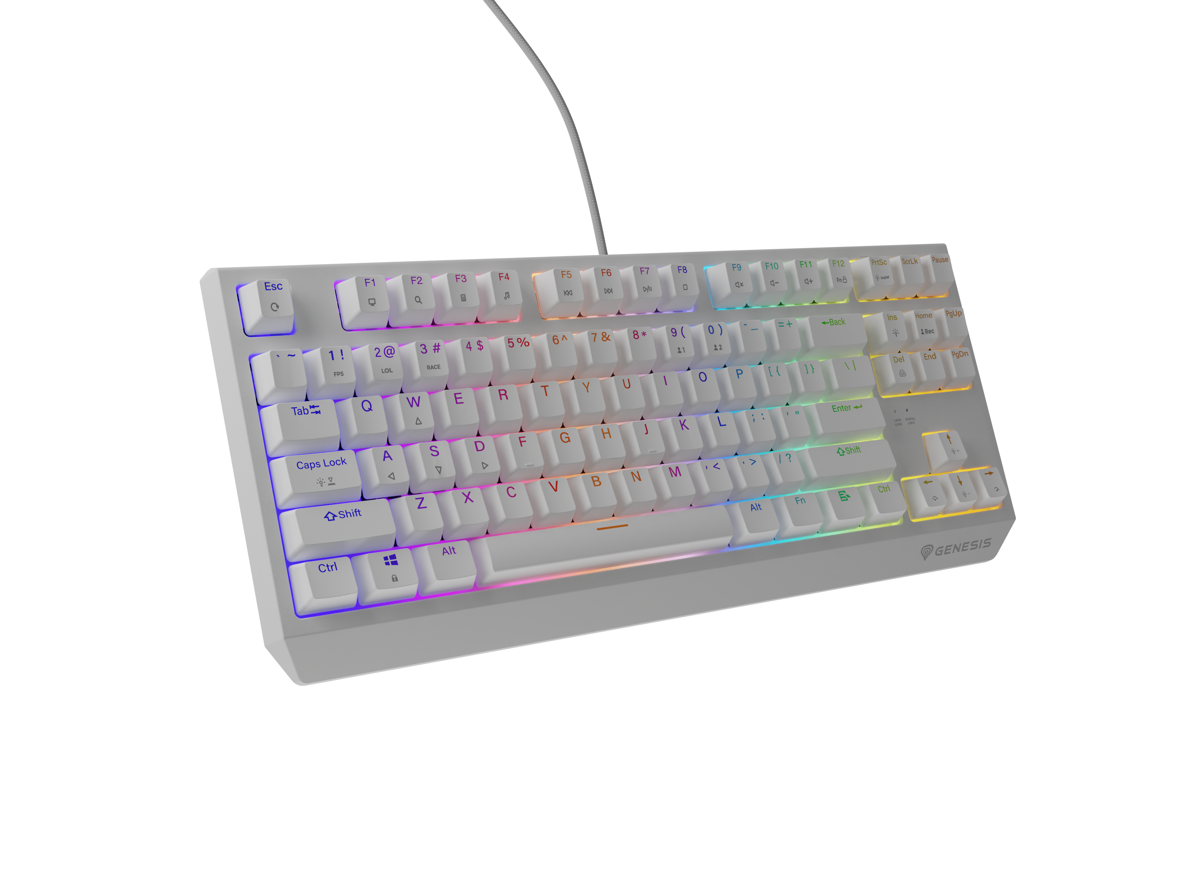 Biała klawiatura gamingowa z podświetleniem RGB na czarnym tle.