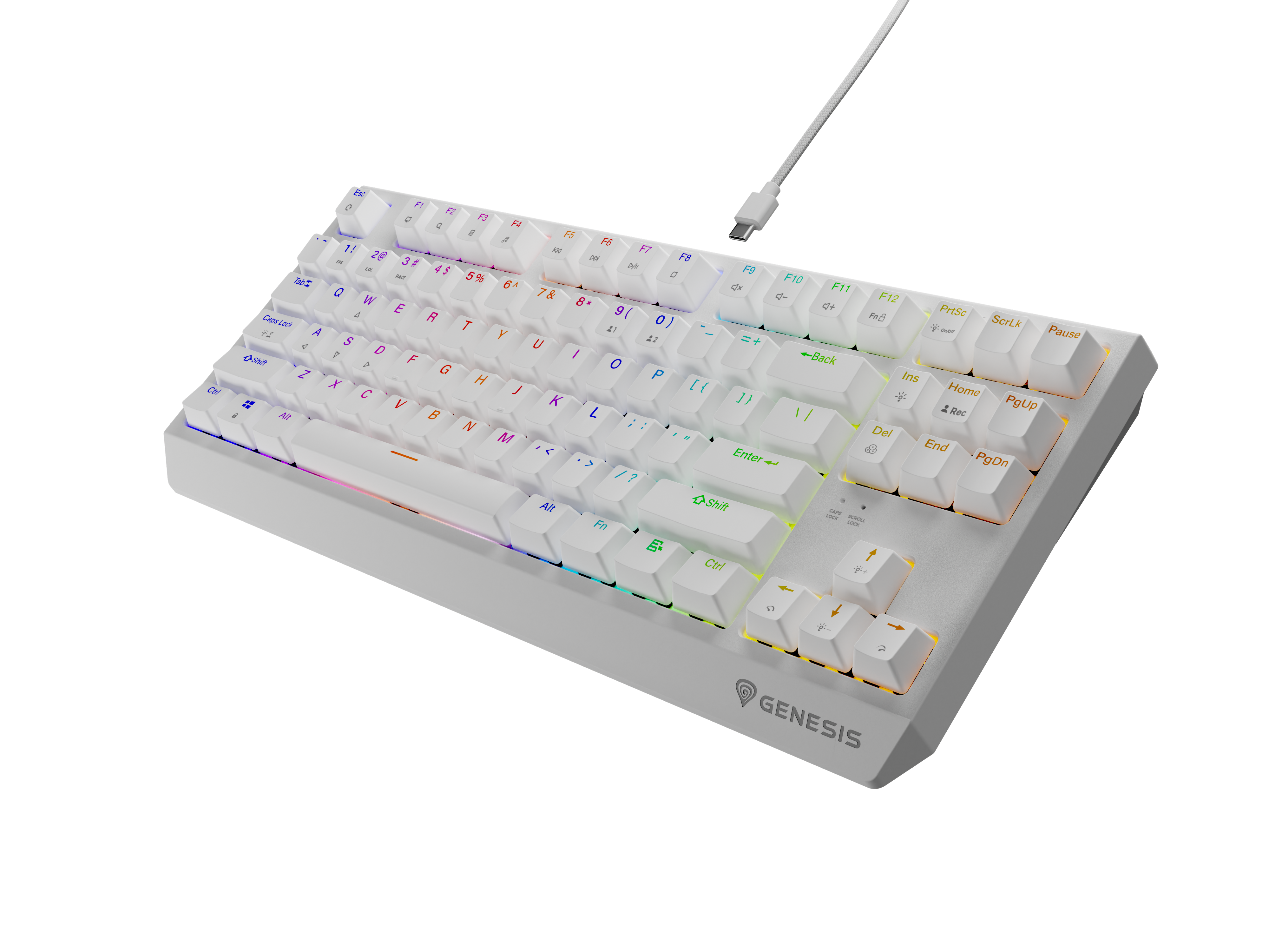 Biała klawiatura gamingowa z podświetleniem RGB i złączem USB-C.