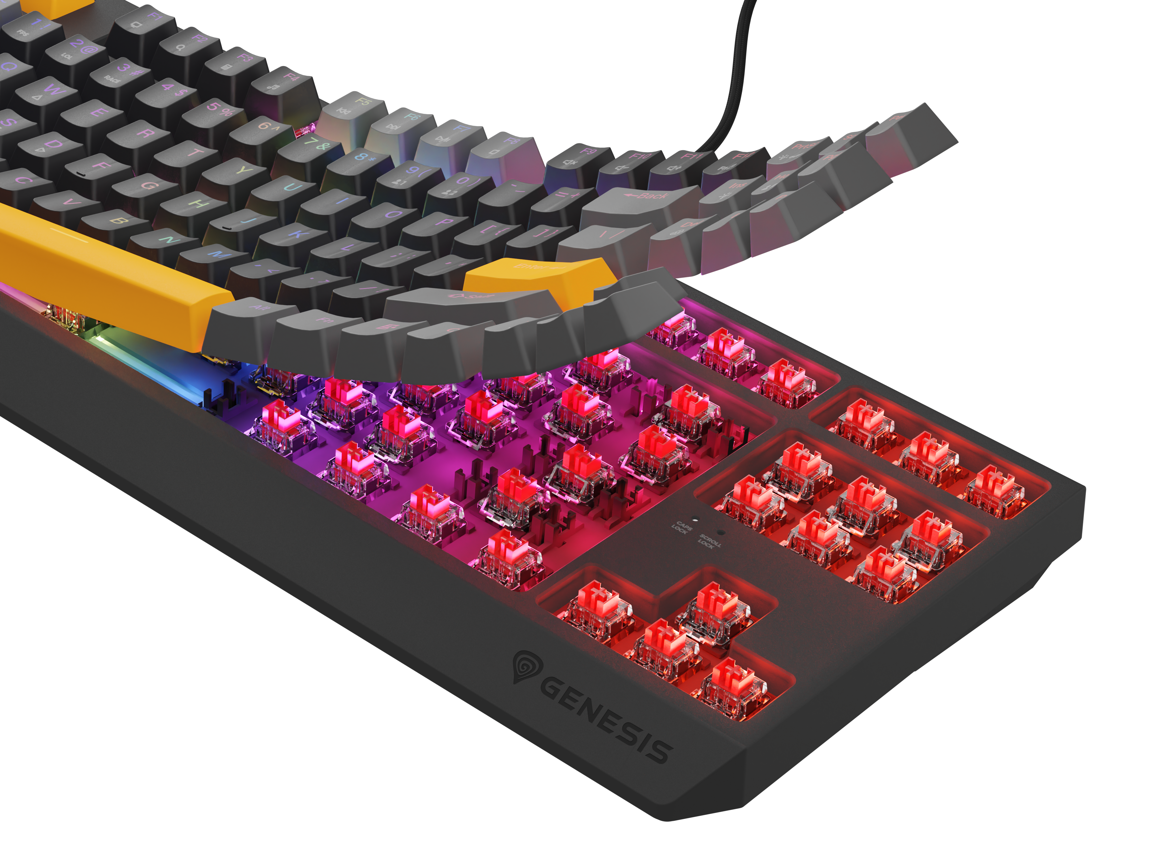 Pokazuje klawiaturę gamingową z czerwonymi przełącznikami i oświetleniem RGB.