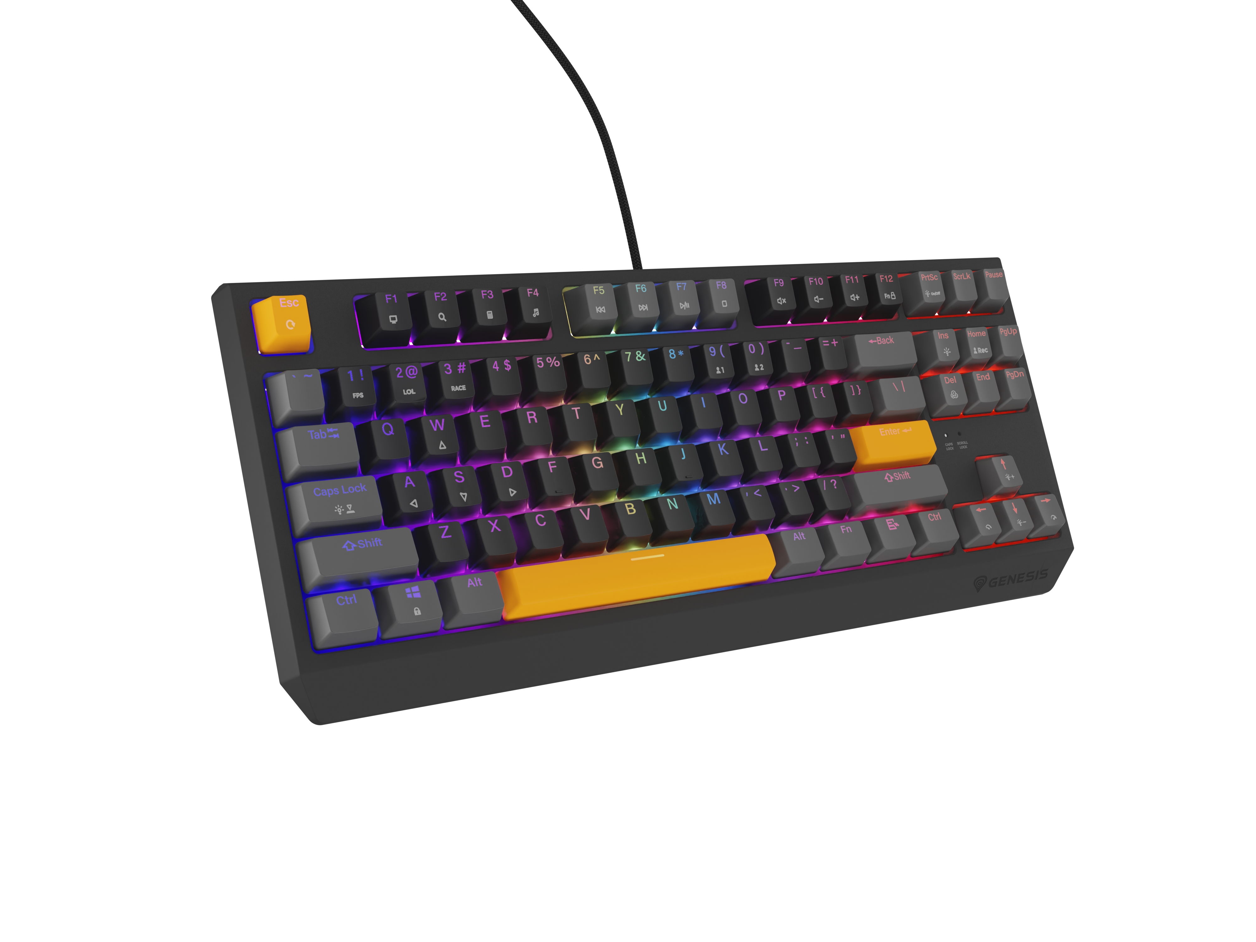 Ciemna klawiatura z podświetleniem RGB i pomarańczowymi klawiszami WASD.