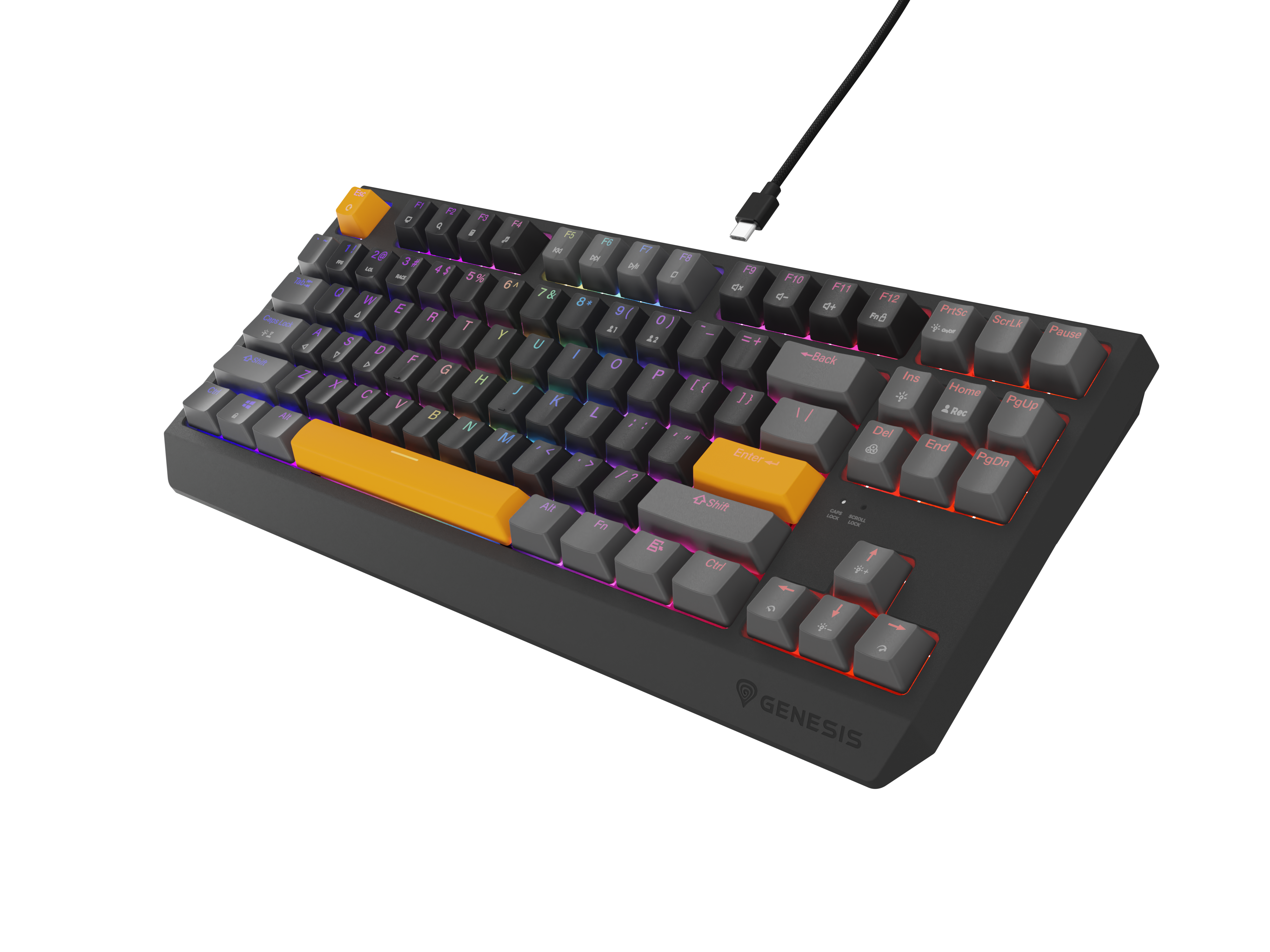 Szara klawiatura z żółtymi klawiszami akcentującymi i podświetleniem RGB.
