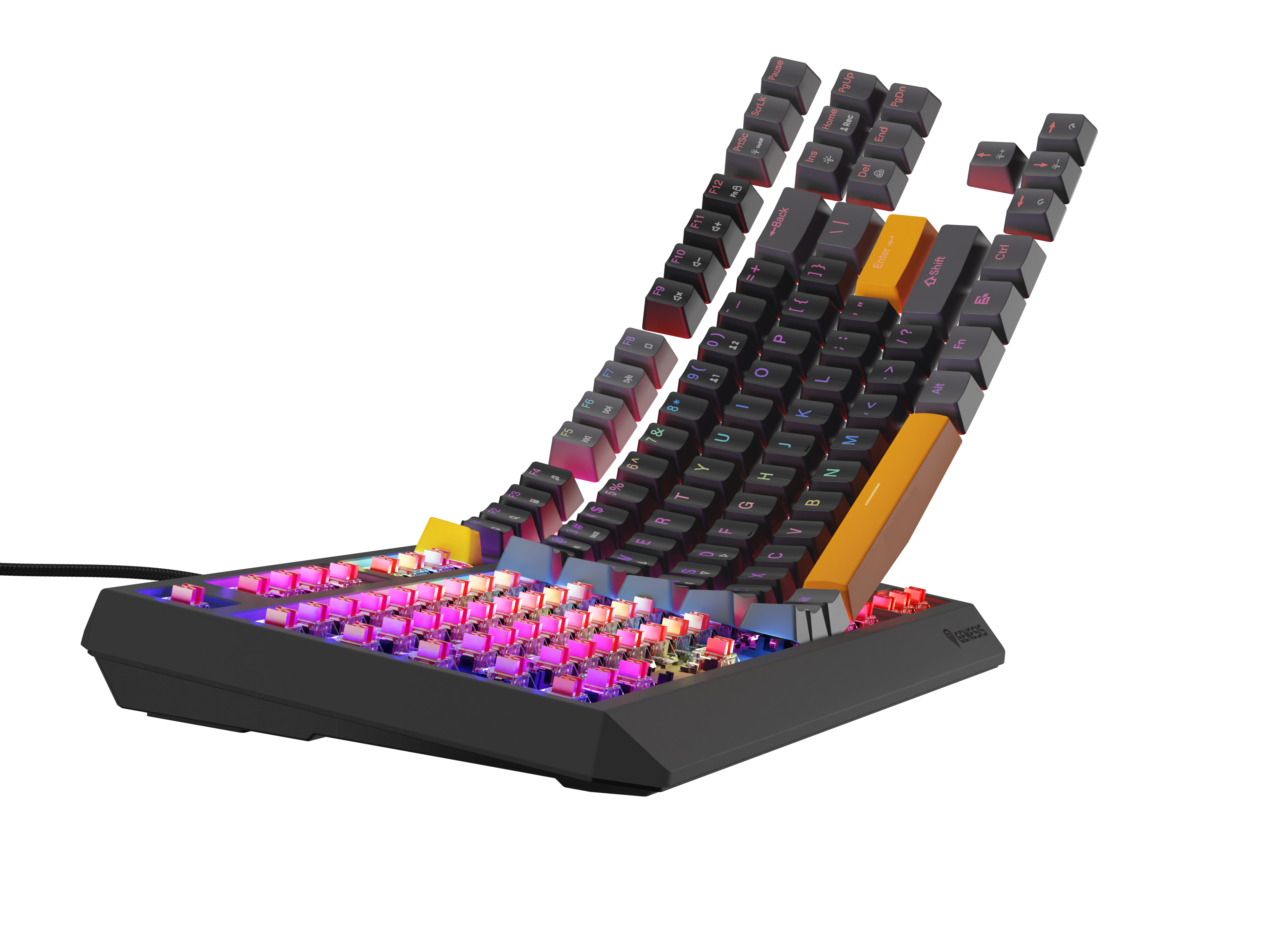 Szara klawiatura z podświetleniem RGB i pomarańczowymi klawiszami.