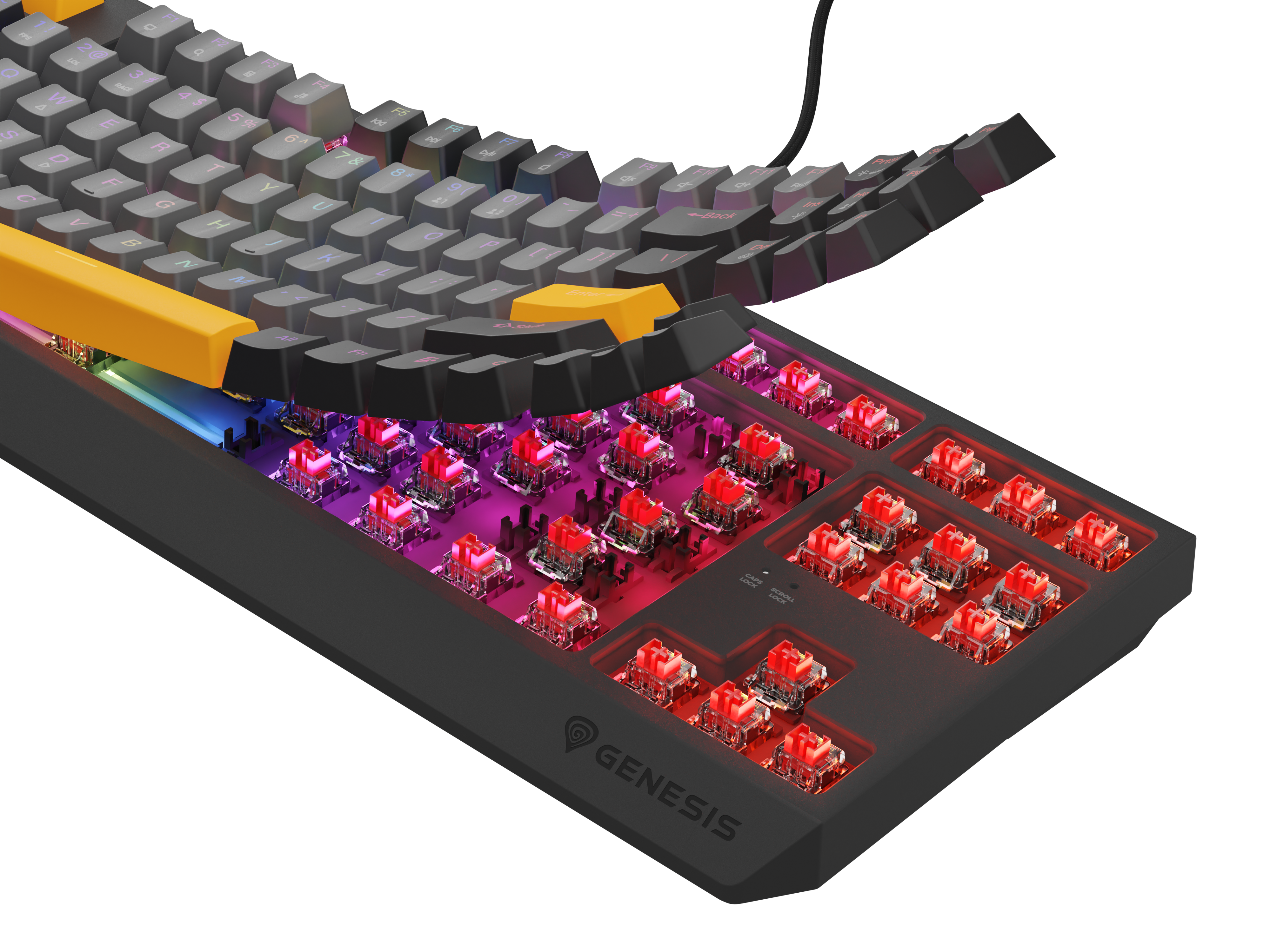 Klawiatura mechaniczna z czerwonymi przełącznikami, żółtymi klawiszami akcentującymi i oświetleniem RGB.