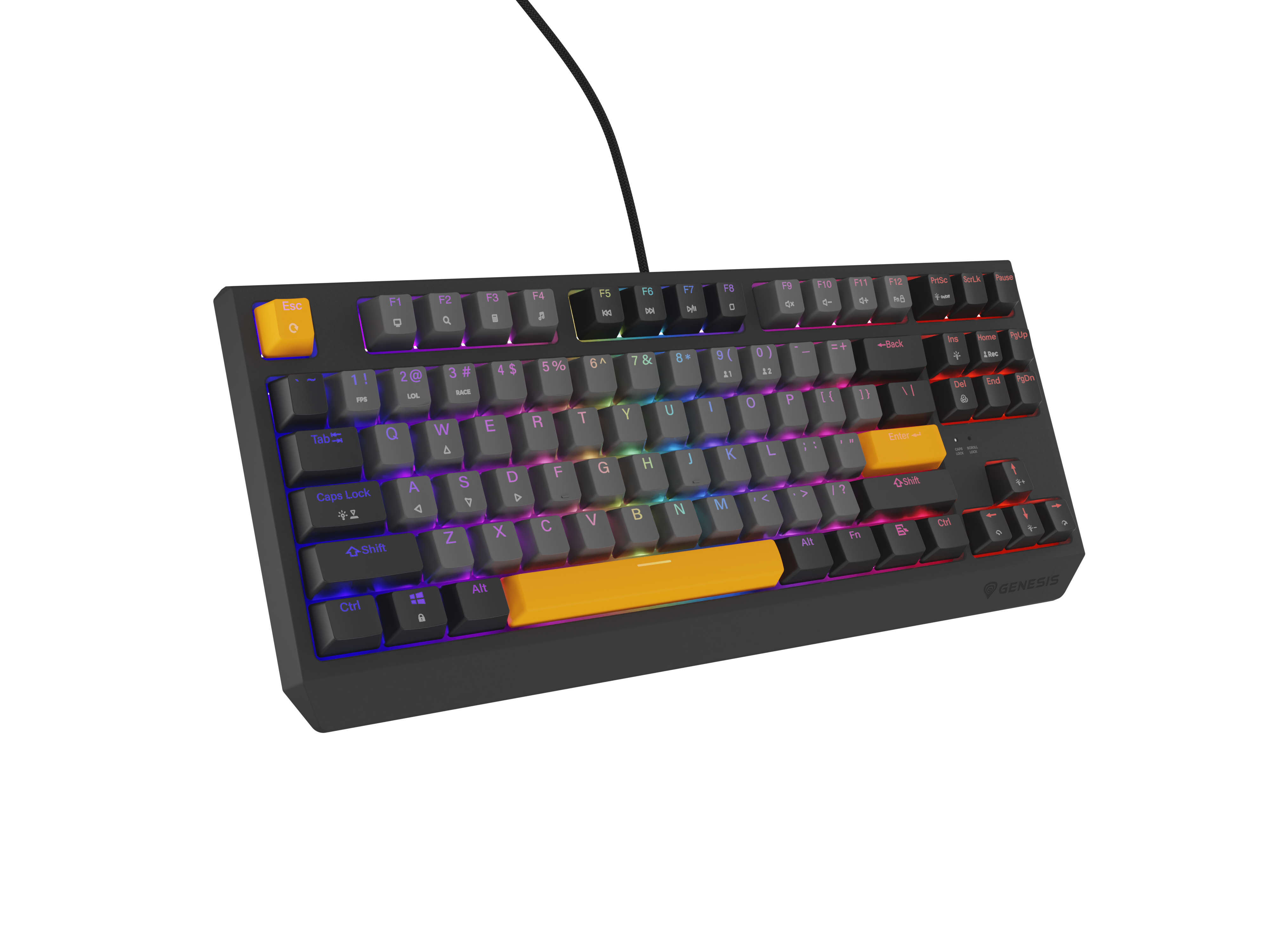 Czarna klawiatura z pomarańczowymi klawiszami i podświetleniem RGB.