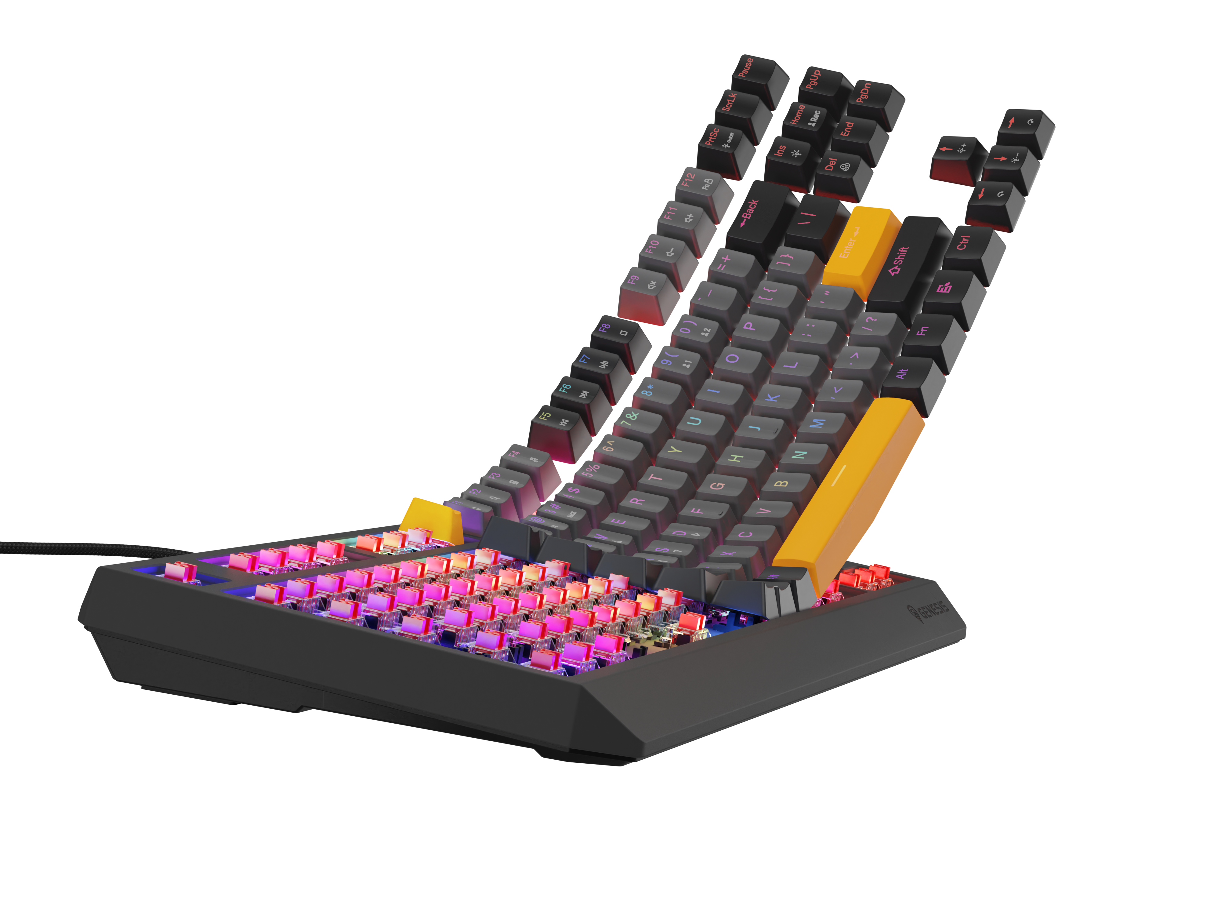 Czarna klawiatura z kolorowymi klawiszami RGB i żółtym klawiszem Enter.