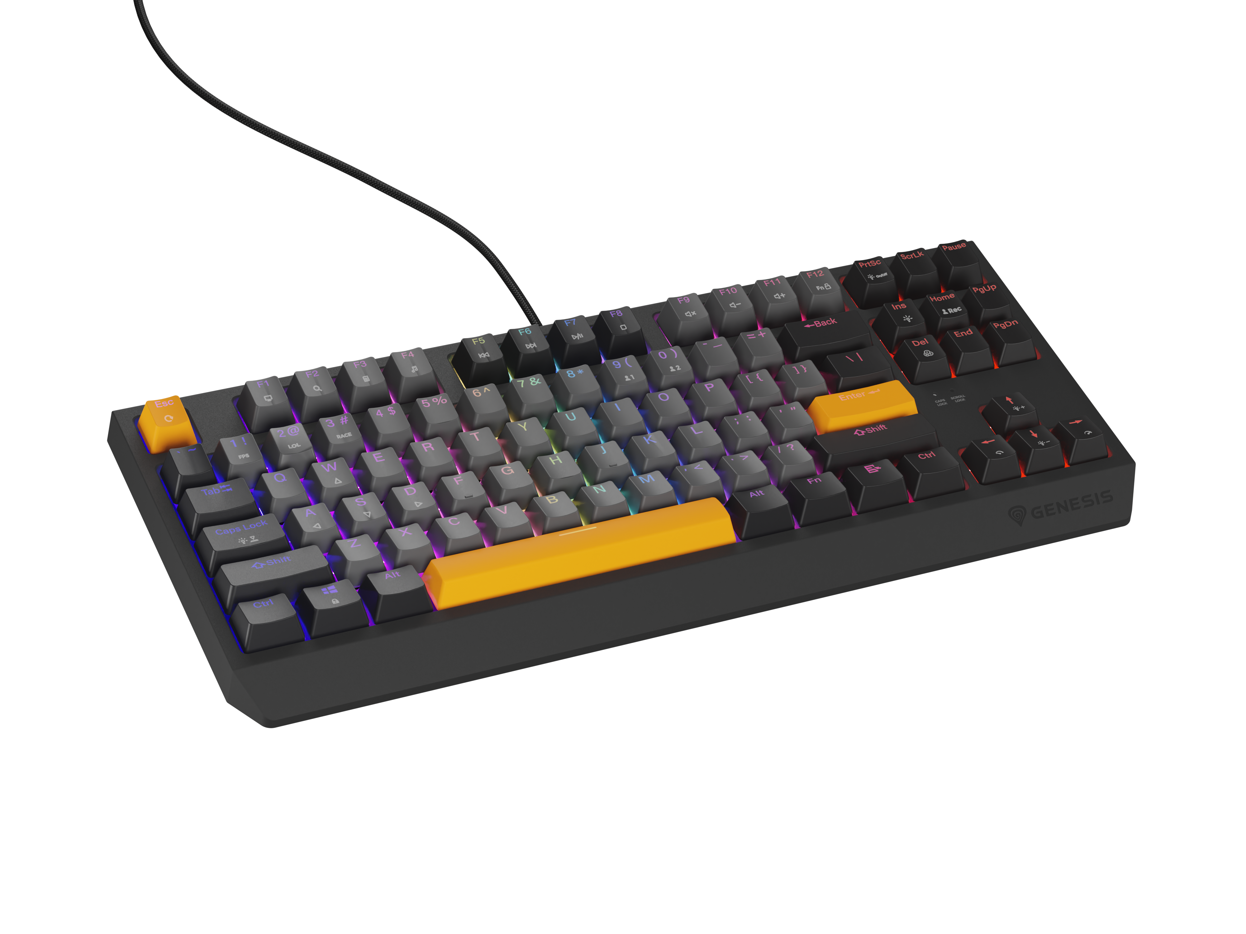 Ciemna klawiatura z żółtymi klawiszami akcentującymi i podświetleniem RGB.