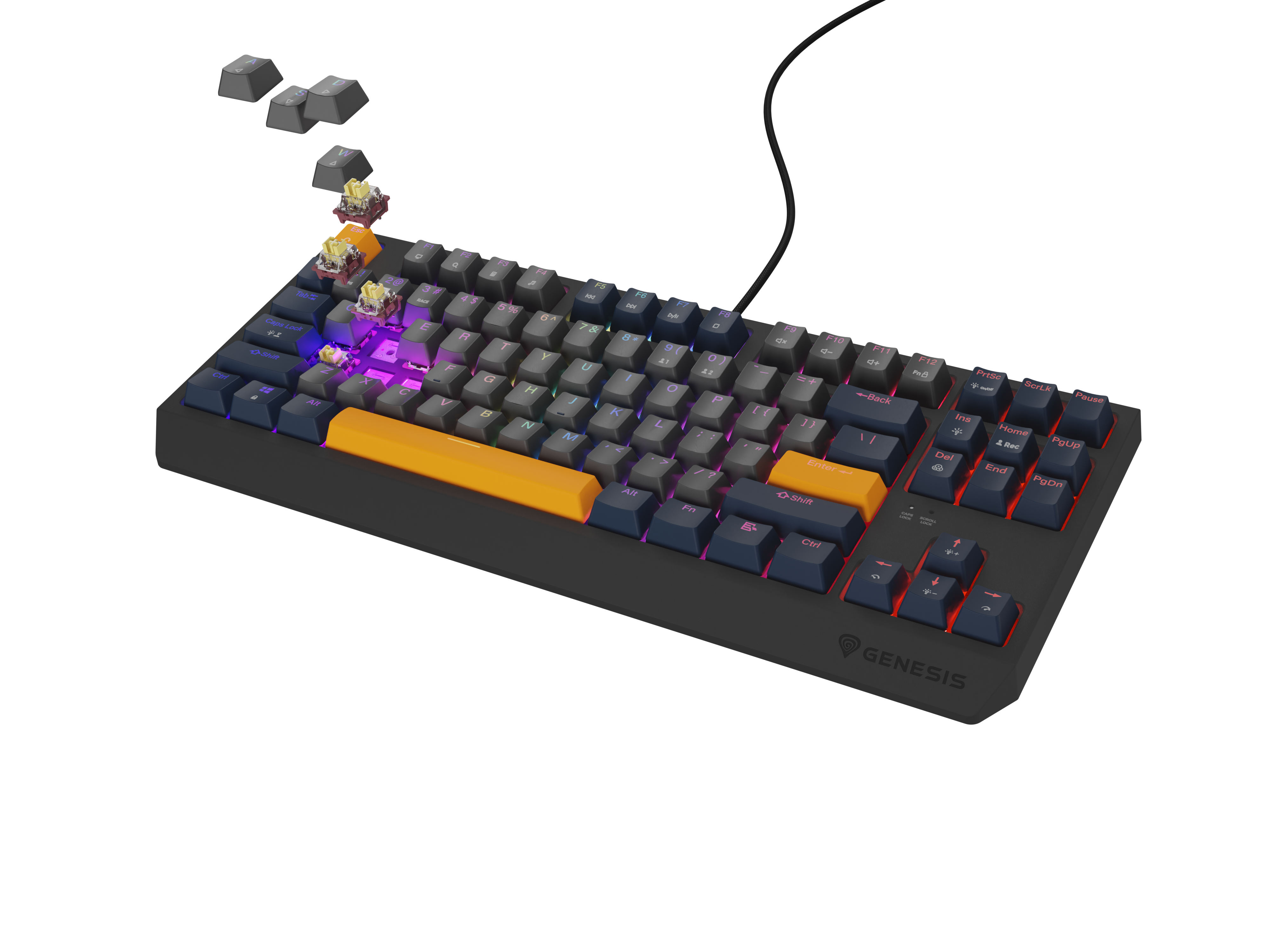 Zbliżenie klawiatury gamingowej z podświetleniem RGB i wymiennymi klawiszami.