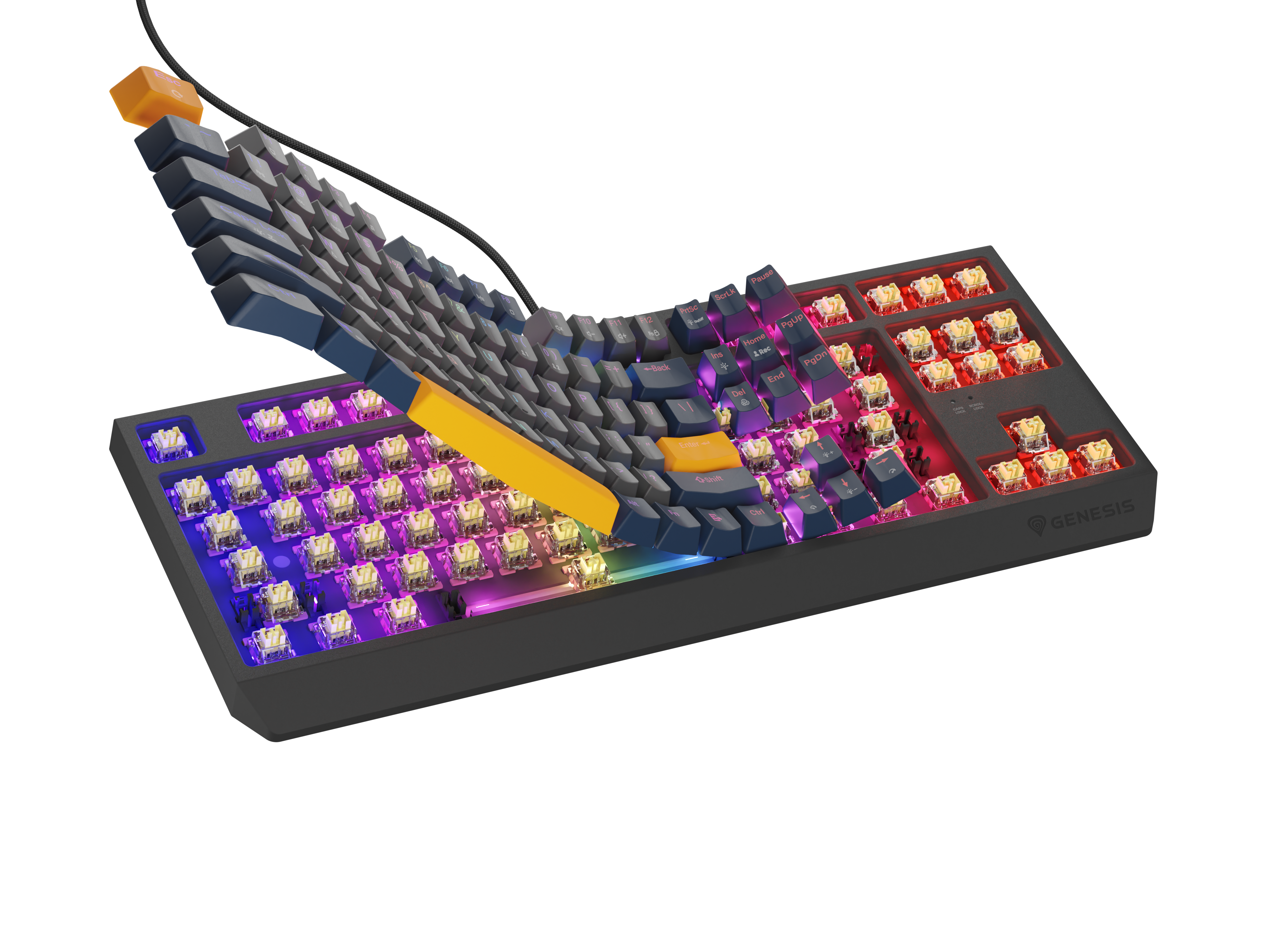 Klawiatura mechaniczna z podświetleniem RGB i odsłoniętymi przełącznikami, z klawiszami wygiętymi do góry.