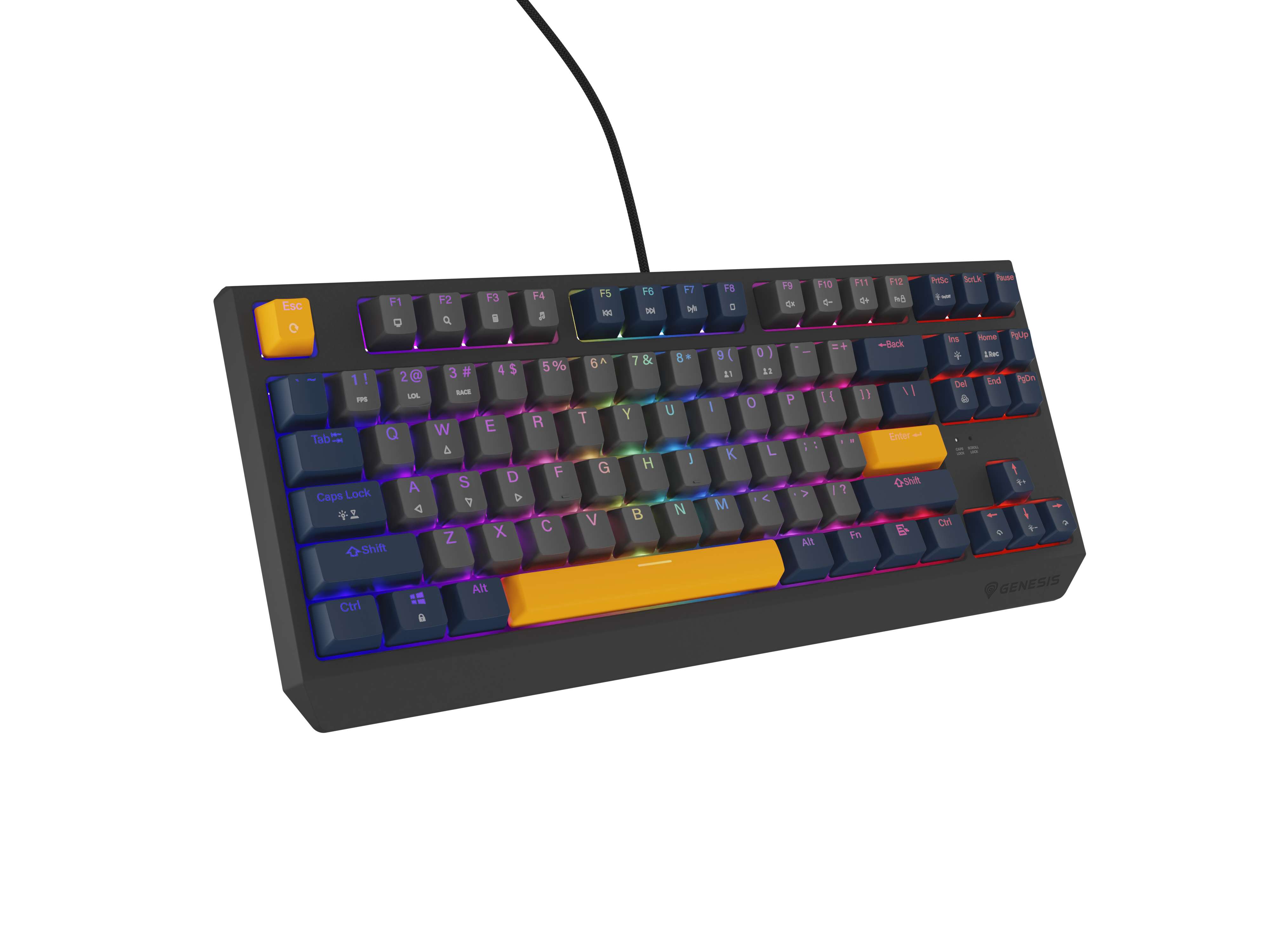 Czarna klawiatura z podświetleniem RGB i pomarańczowymi klawiszami.
