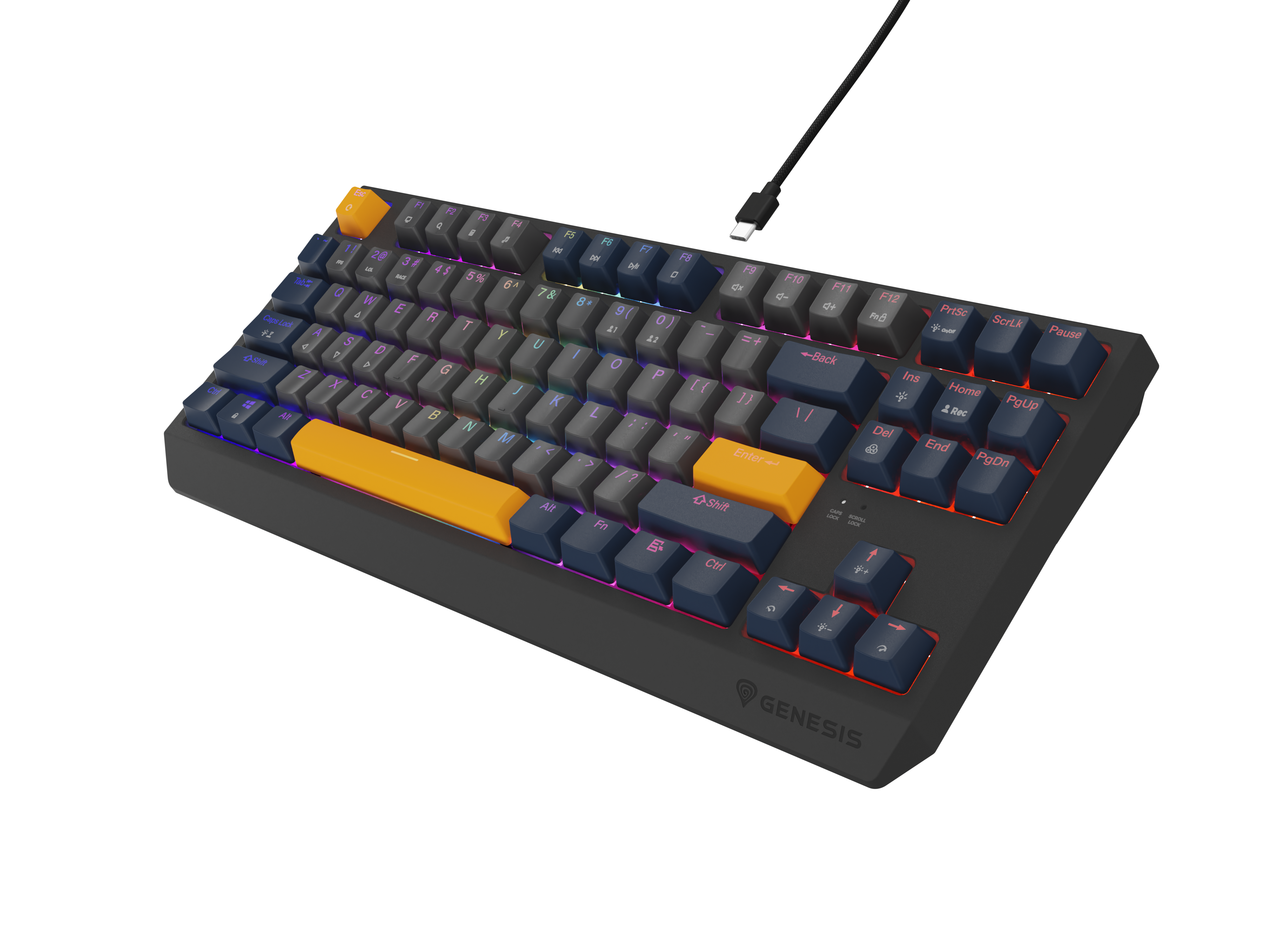 Czarna klawiatura z pomarańczowymi klawiszami i podświetleniem RGB.