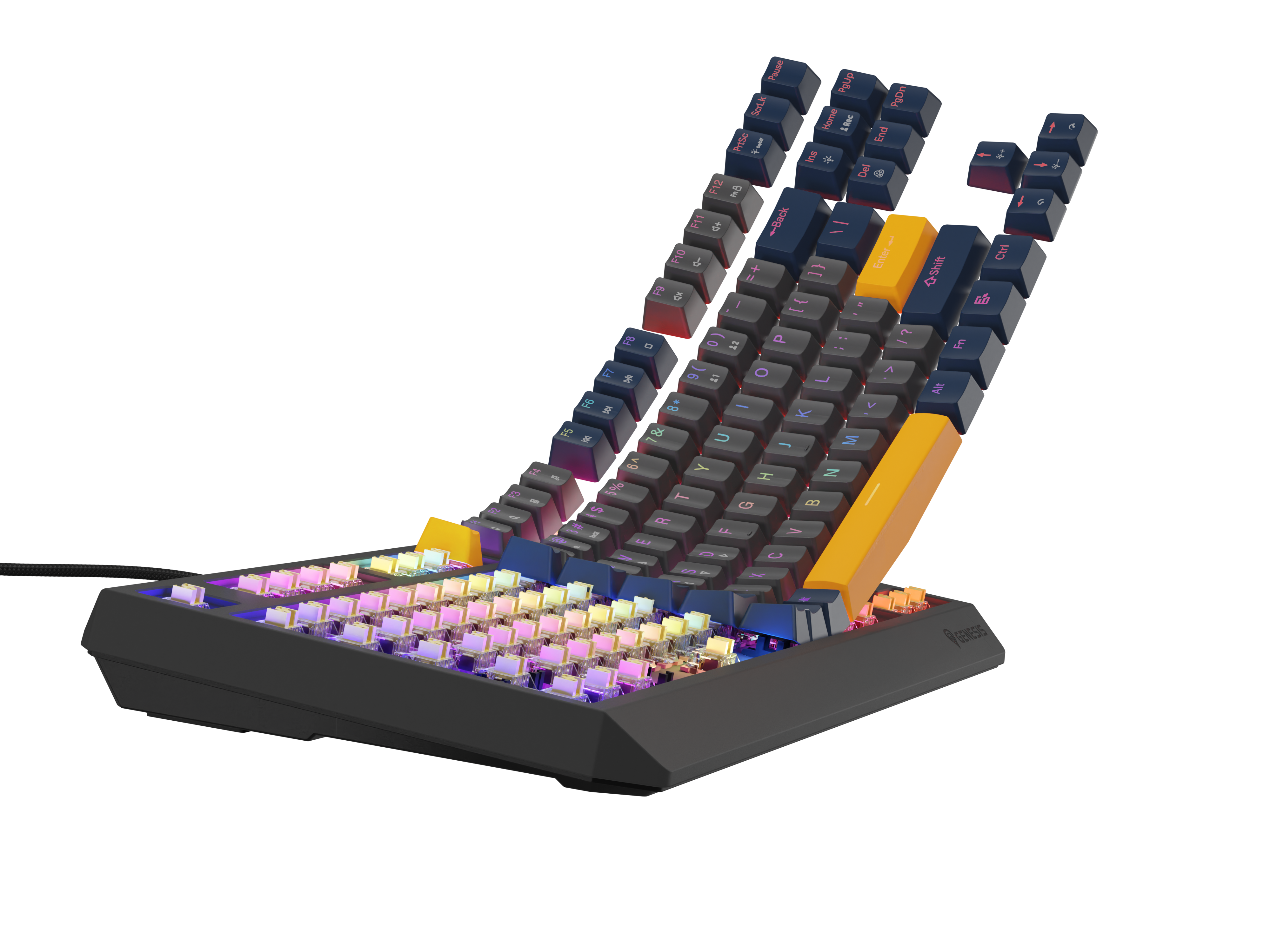 Czarna klawiatura gamingowa z podświetleniem RGB i skośnymi klawiszami, na czarnym tle.
