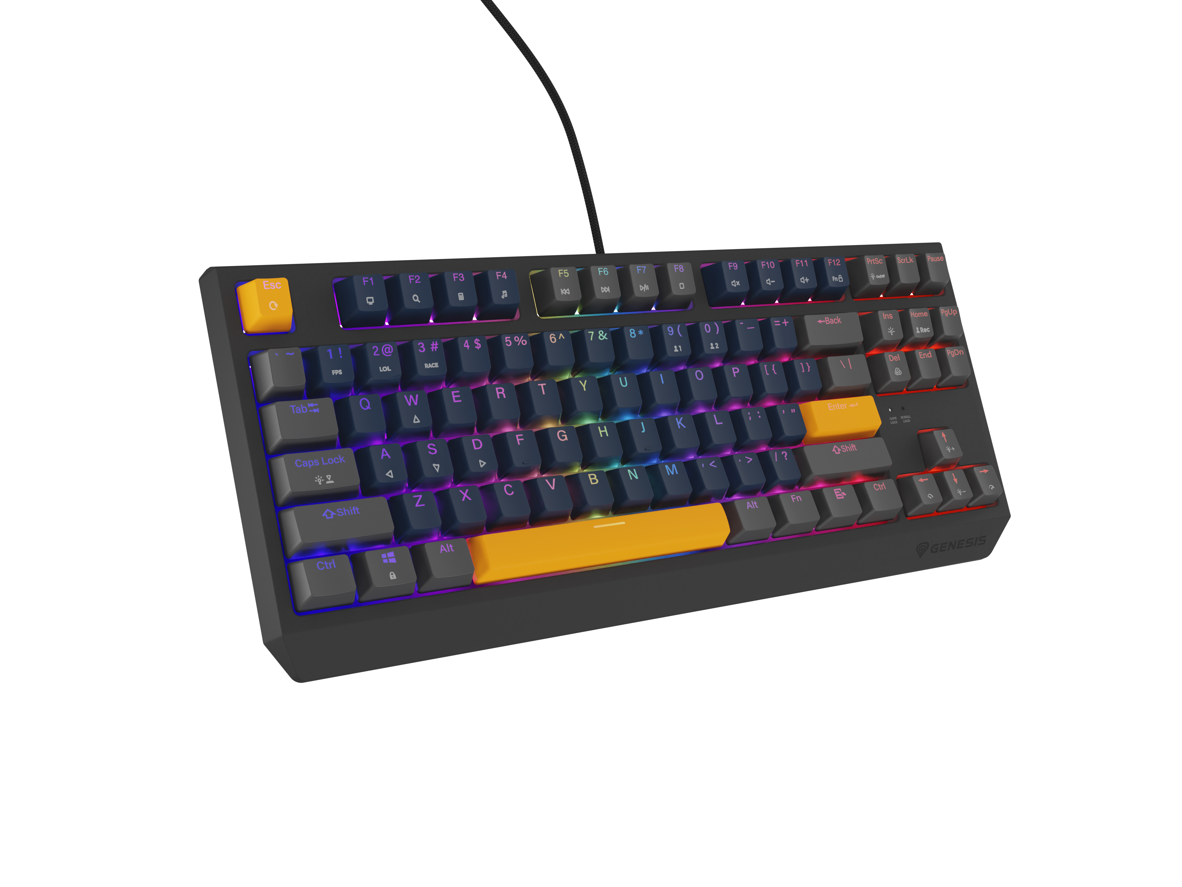 Ciemna klawiatura z żółtymi i niebieskimi klawiszami i podświetleniem RGB.