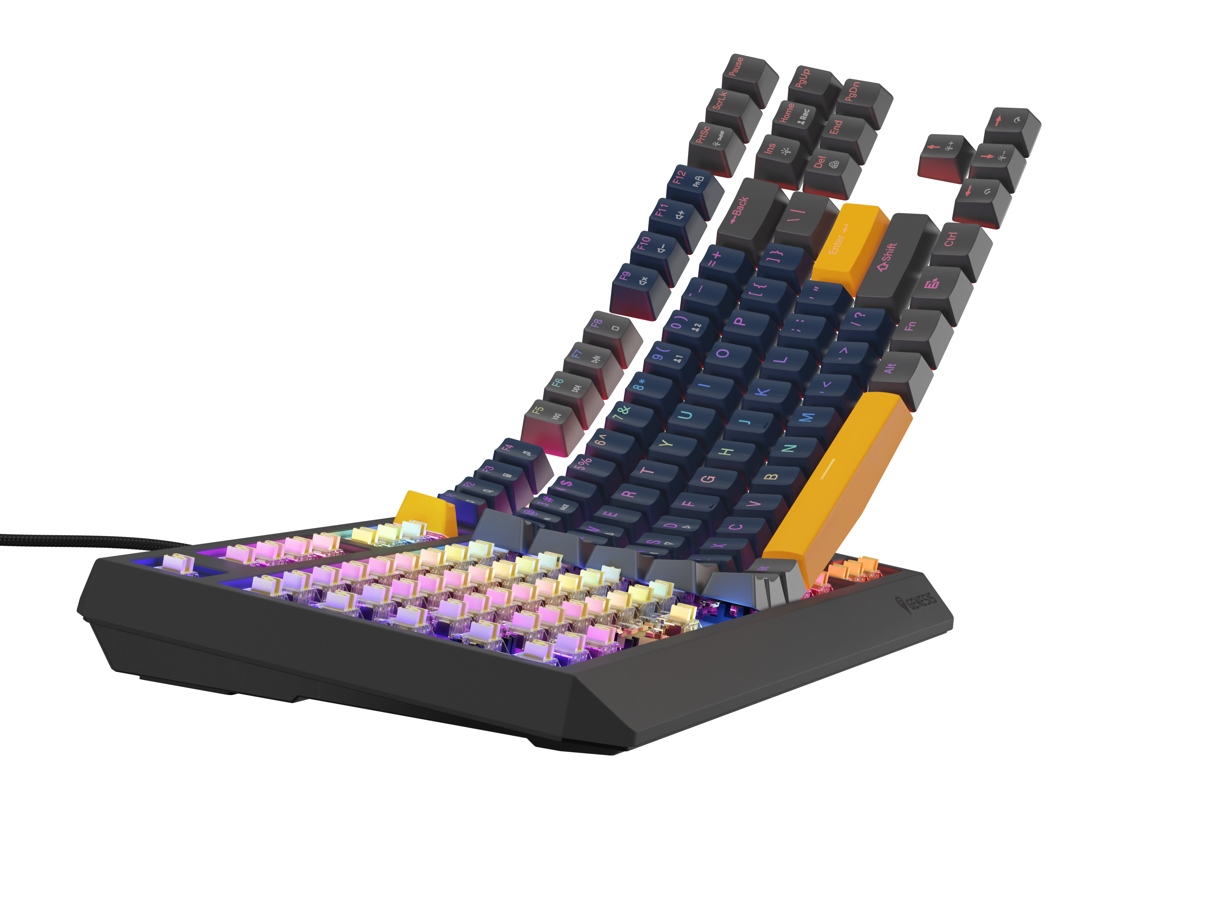 Klawiatura gamingowa z podświetleniem RGB i podzielonym układem.