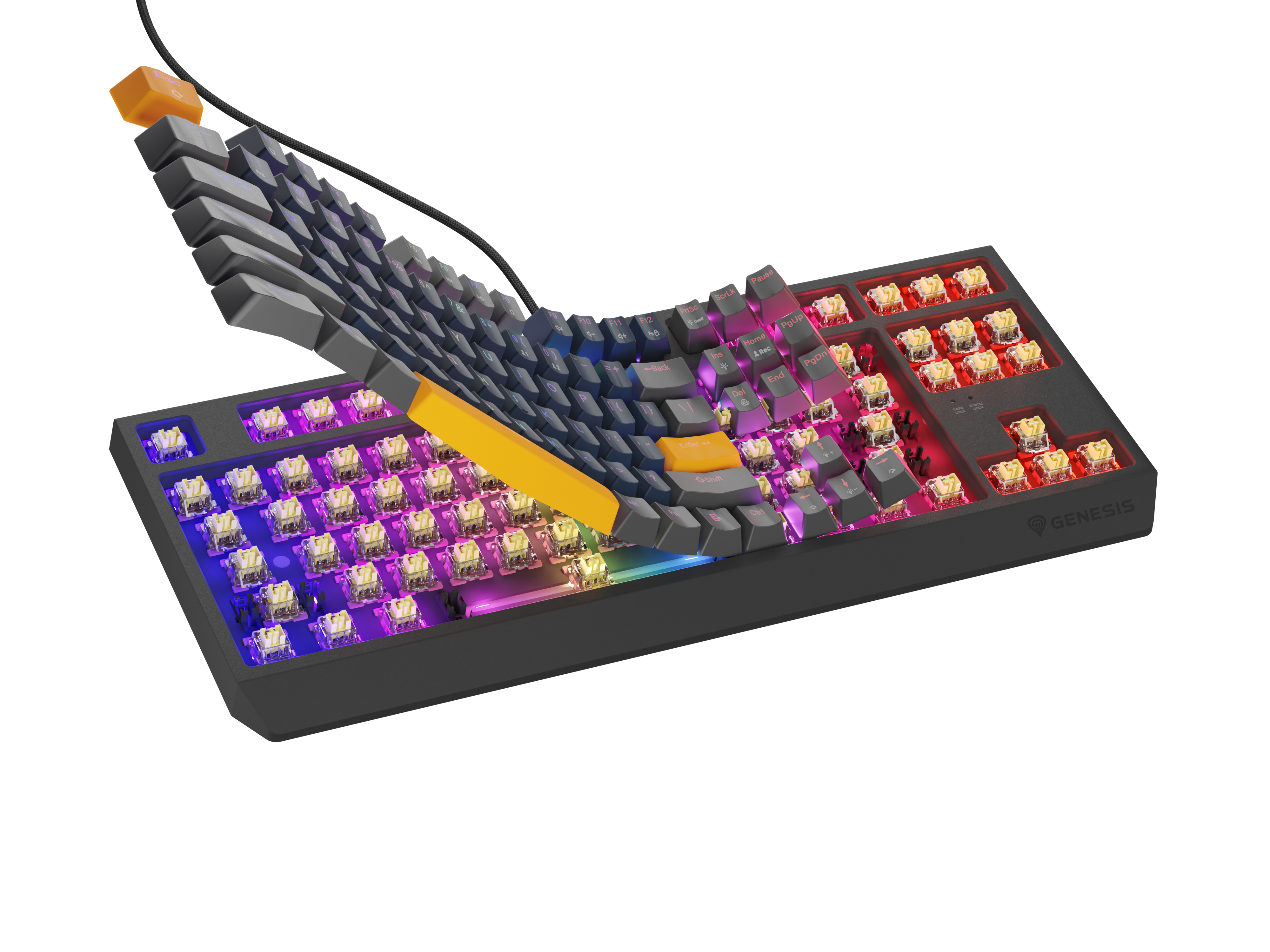Szaro-czarna klawiatura z podświetleniem RGB i odsłoniętymi przełącznikami.