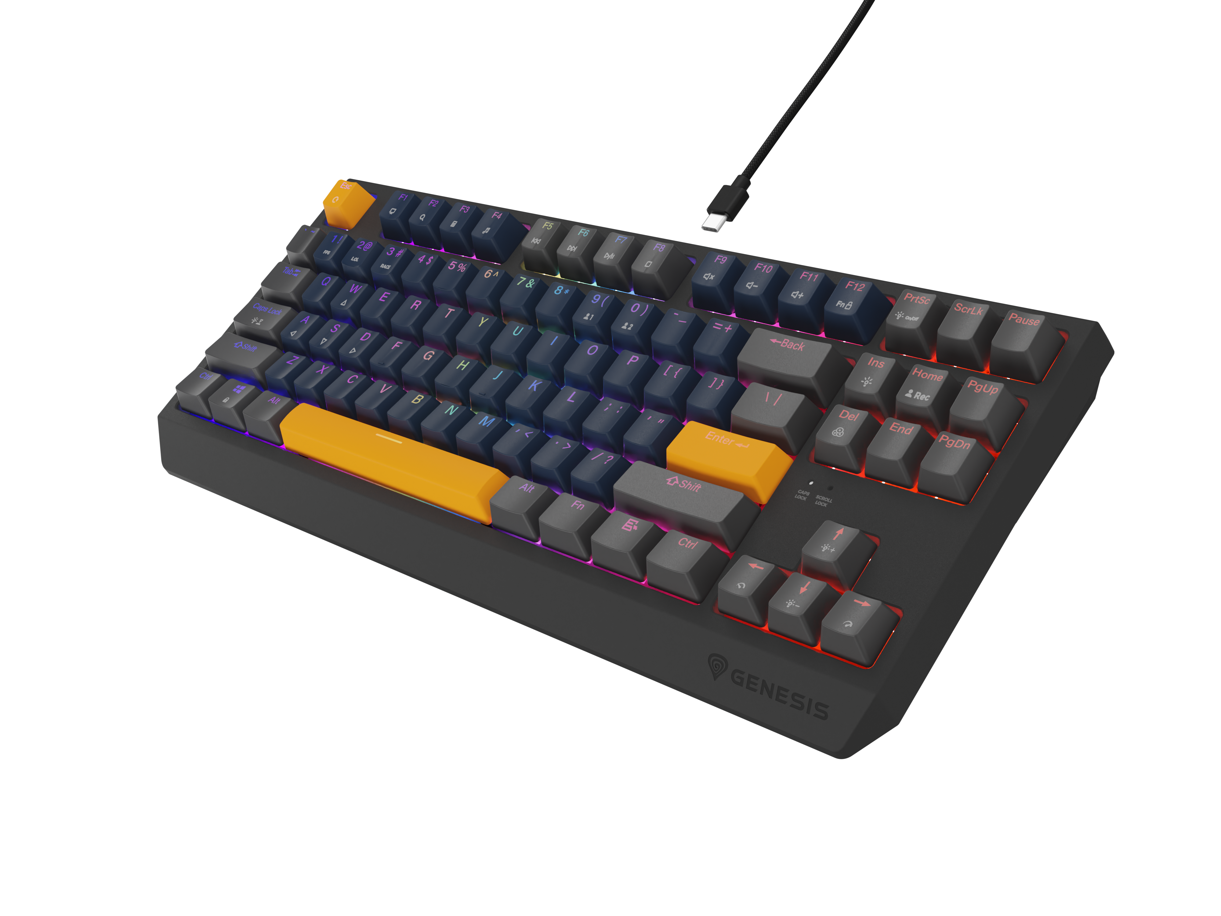 Czarna klawiatura mechaniczna z żółtymi klawiszami akcentującymi i podświetleniem RGB.