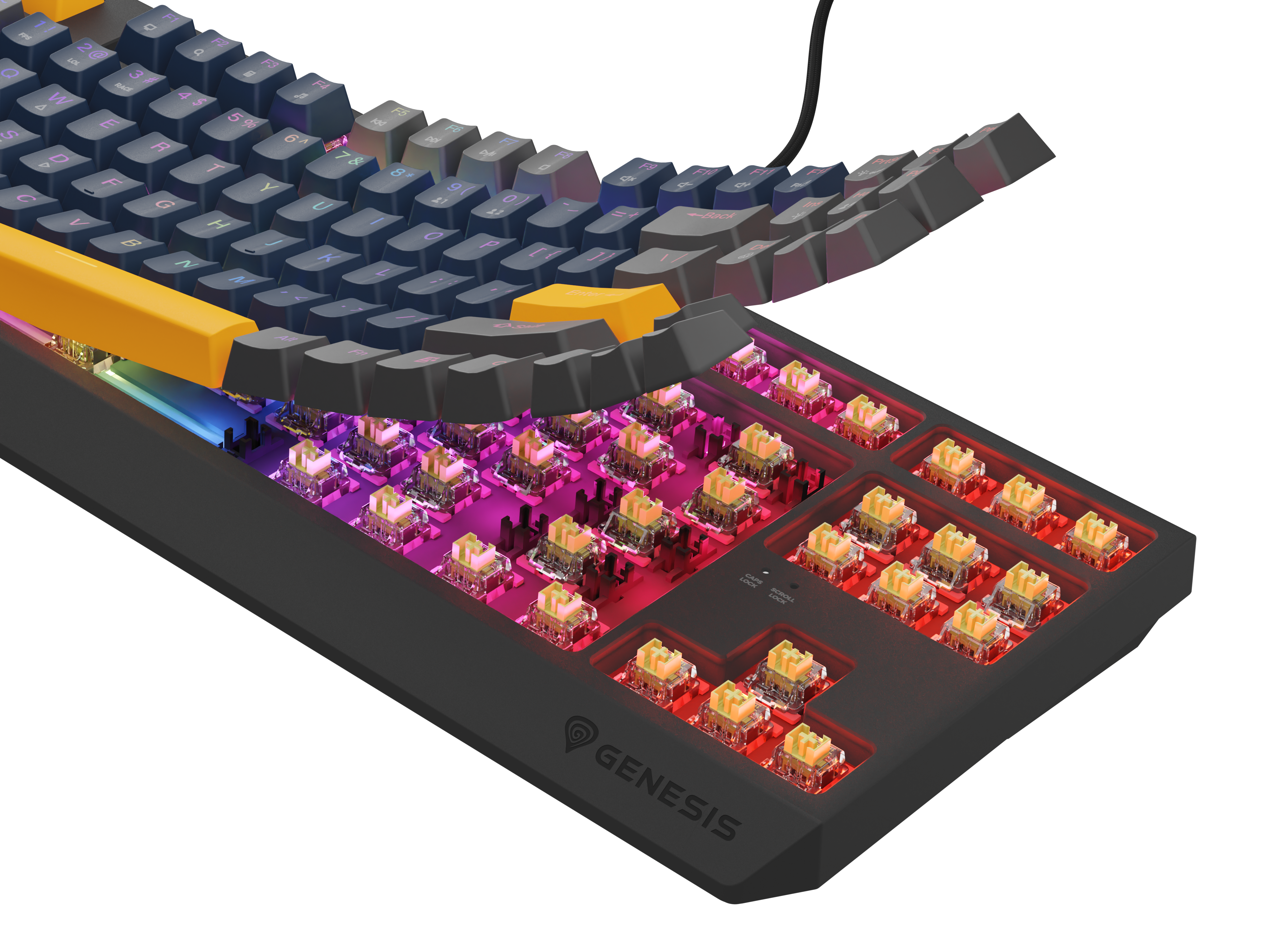 Zbliżenie na klawiaturę mechaniczną z podświetleniem RGB, pokazującą przełączniki i klawisze.