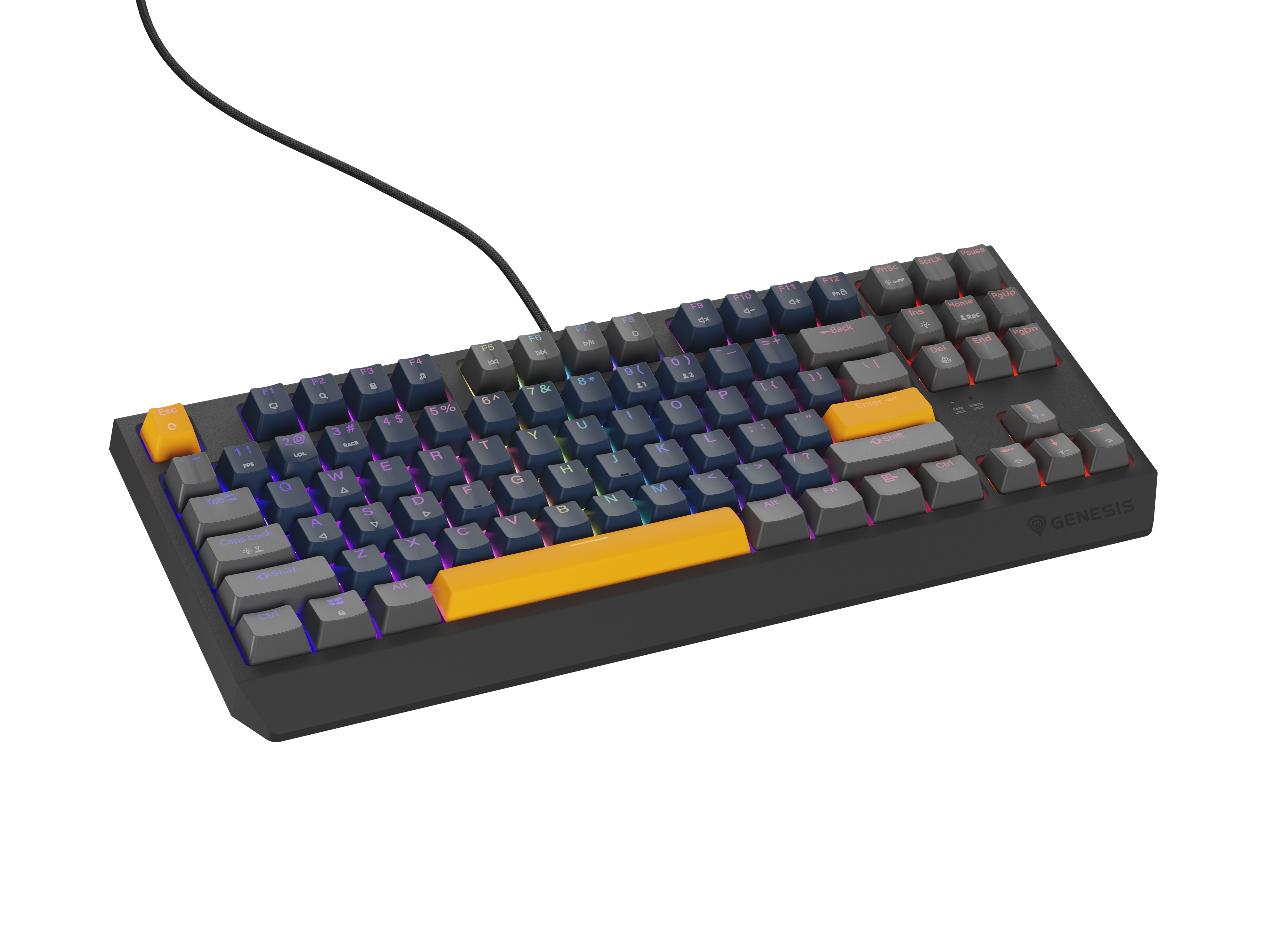 Szara klawiatura mechaniczna z żółtymi klawiszami akcentującymi i podświetleniem RGB.