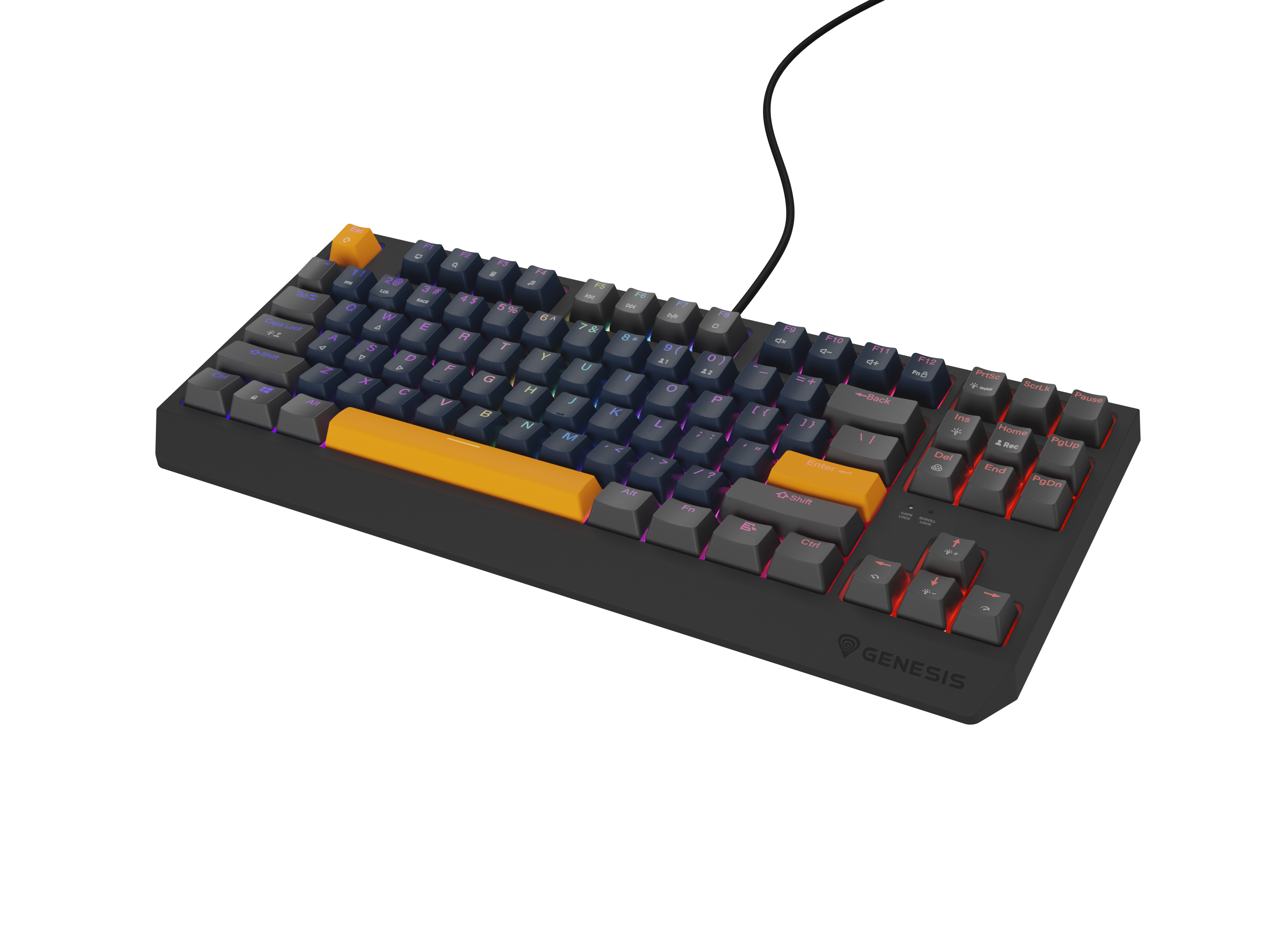 Czarna klawiatura mechaniczna Genesis z pomarańczowymi klawiszami ESC i Enter oraz podświetleniem RGB.