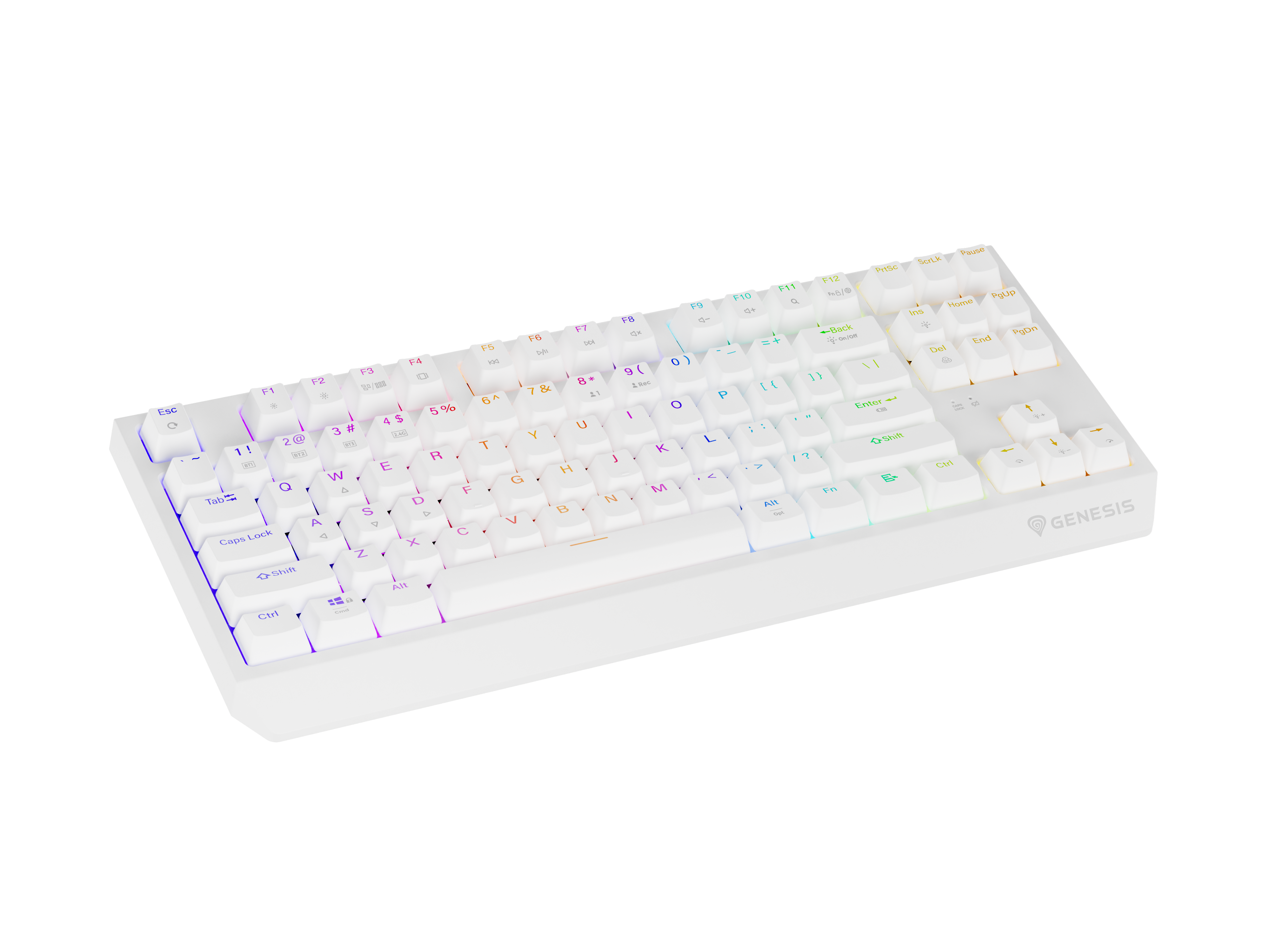 Biała klawiatura z kolorowymi efektami podświetlenia klawiszy RGB, ujęcie studyjne.