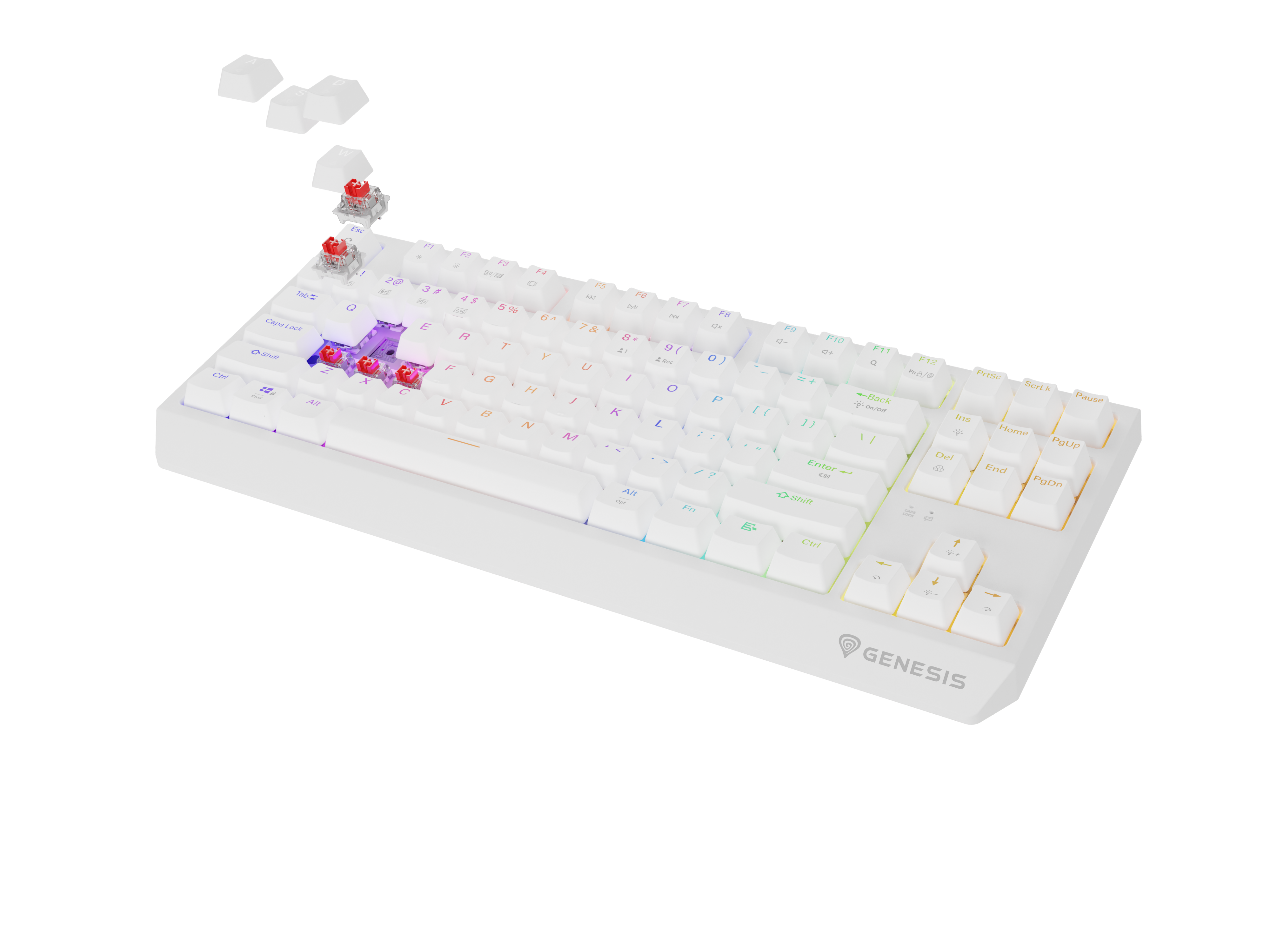 Biała klawiatura mechaniczna z czerwonymi przełącznikami i podświetleniem RGB.