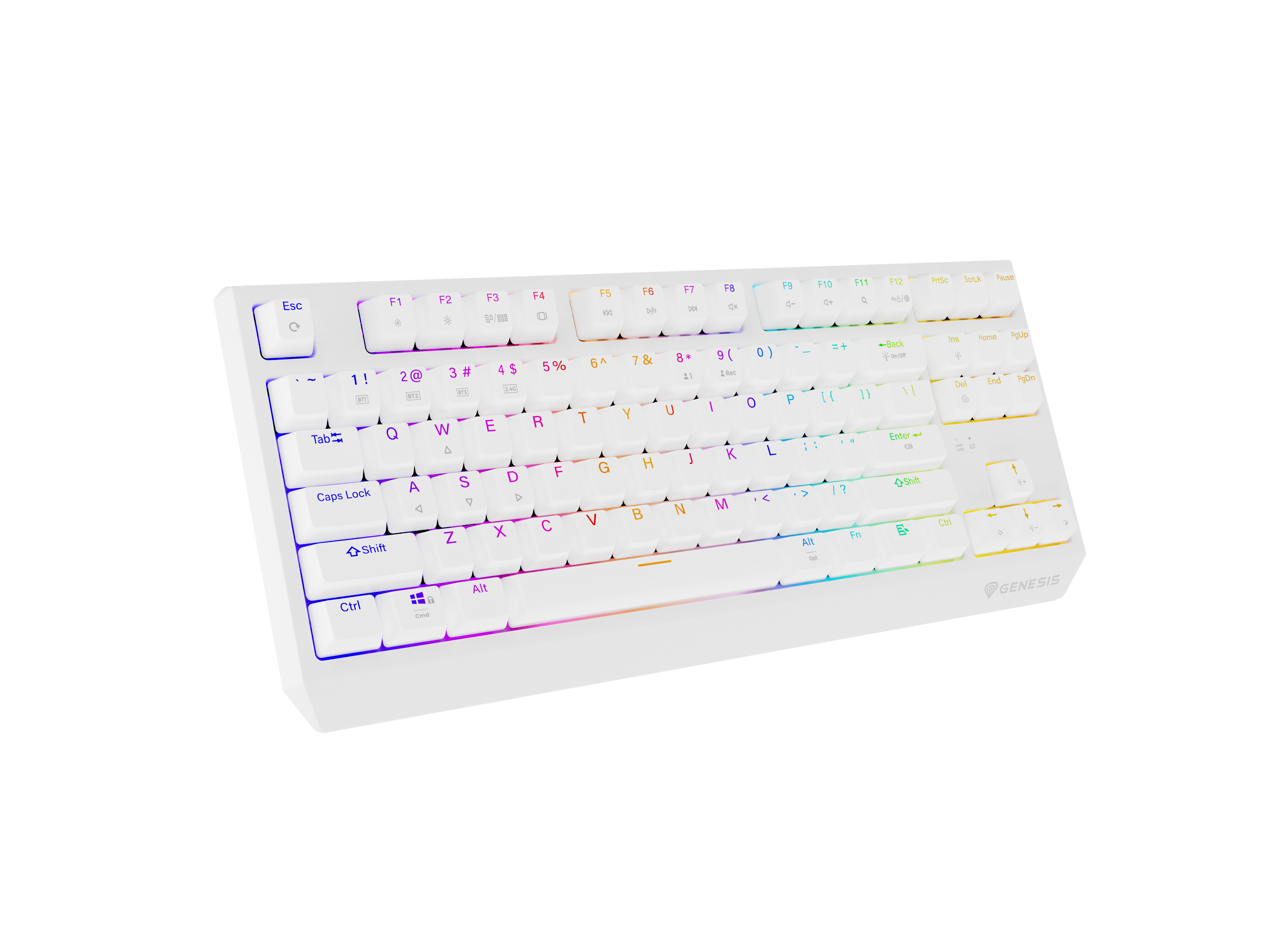 Biała klawiatura gamingowa z podświetleniem RGB, pokazana z przodu po prawej.