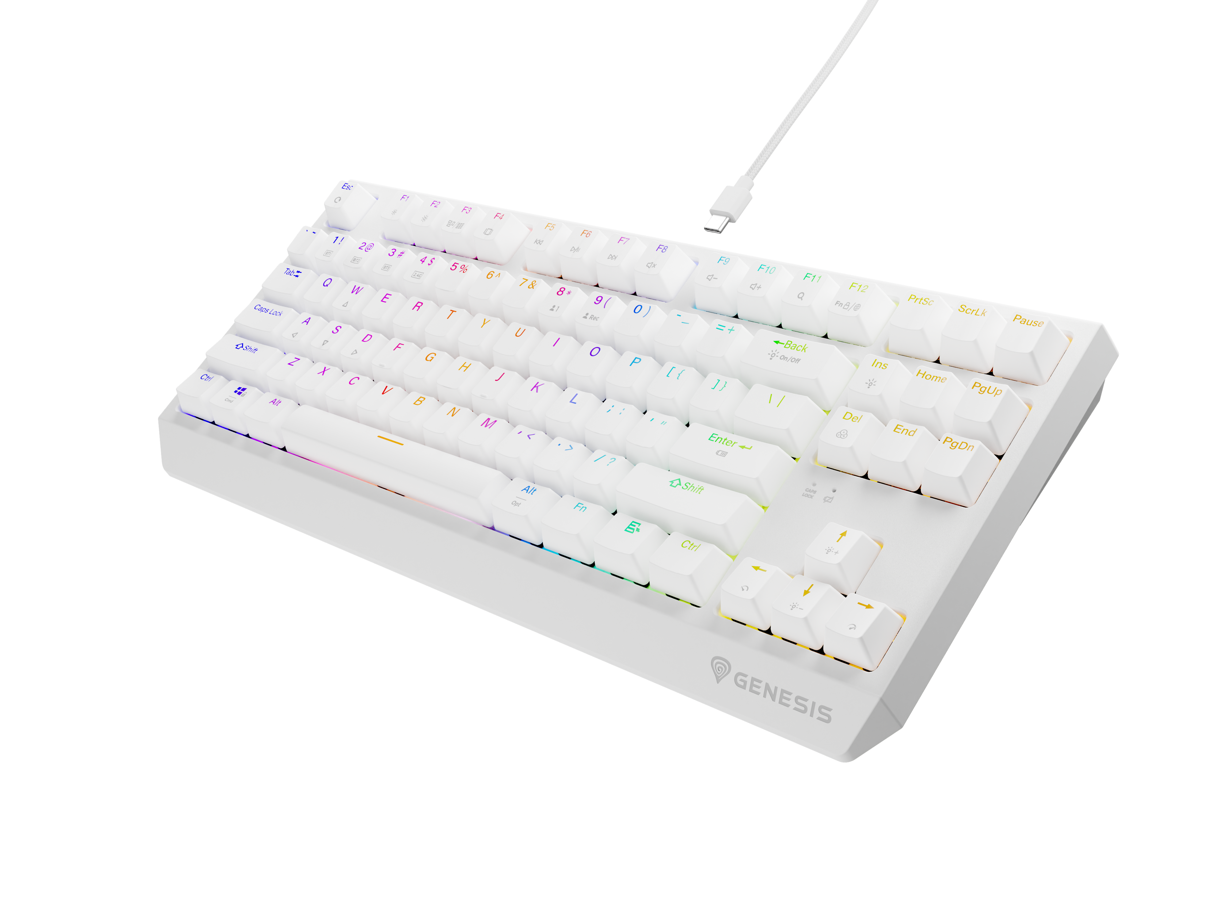 Biała klawiatura gamingowa z podświetleniem RGB i kablem USB-C.