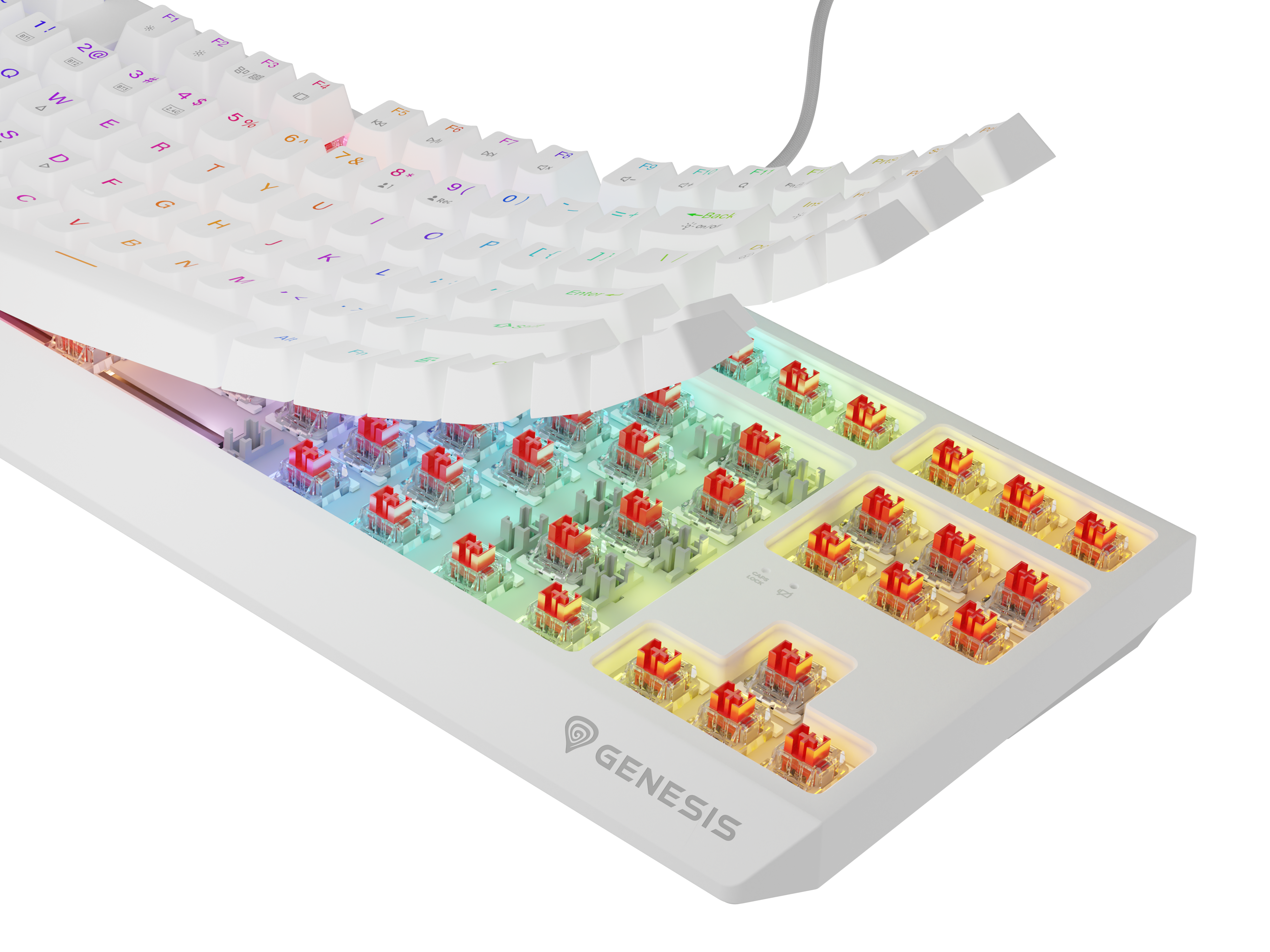 Biała klawiatura z czerwonymi przełącznikami i podświetleniem RGB. Górny rząd klawiszy jest podniesiony.