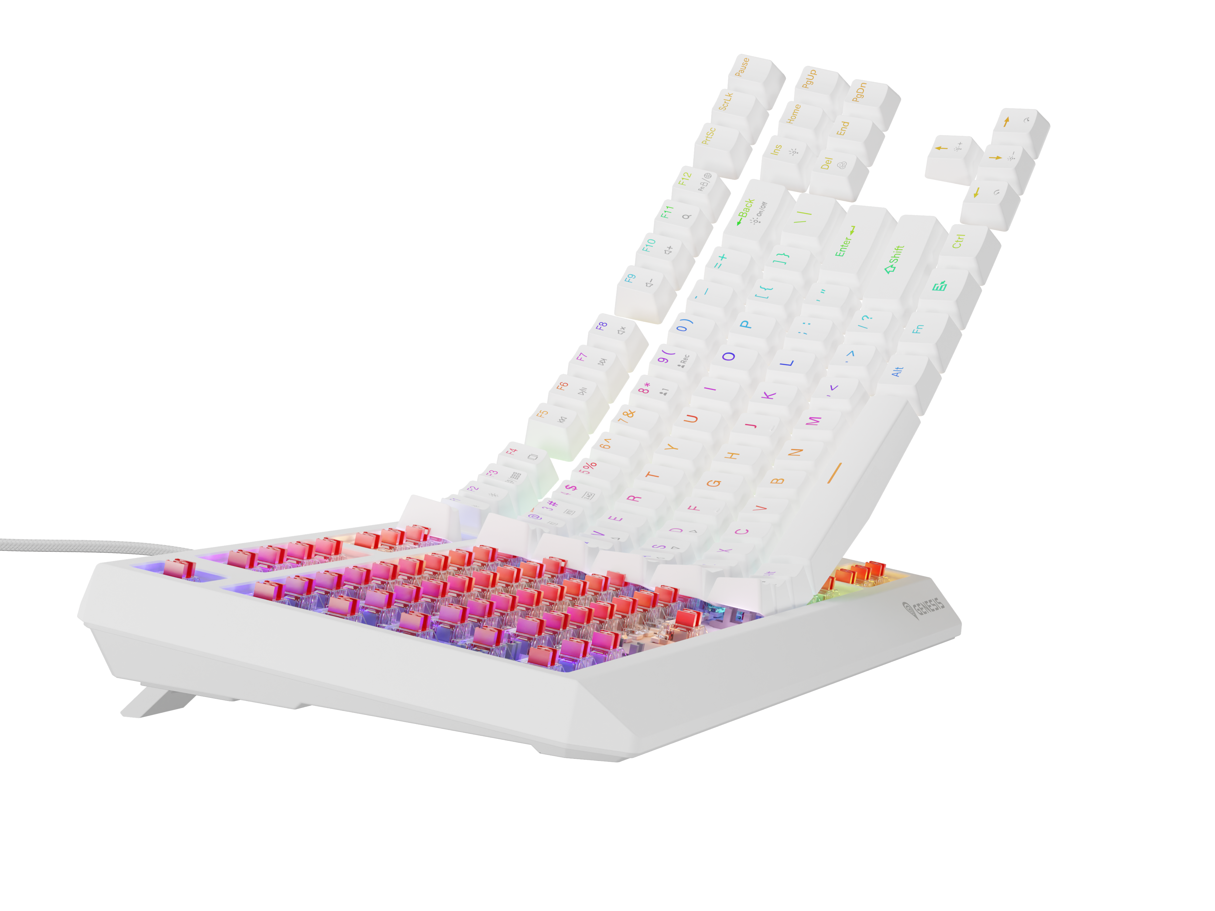 Biała klawiatura gamingowa z podświetlanymi klawiszami RGB i ukośnym designem.