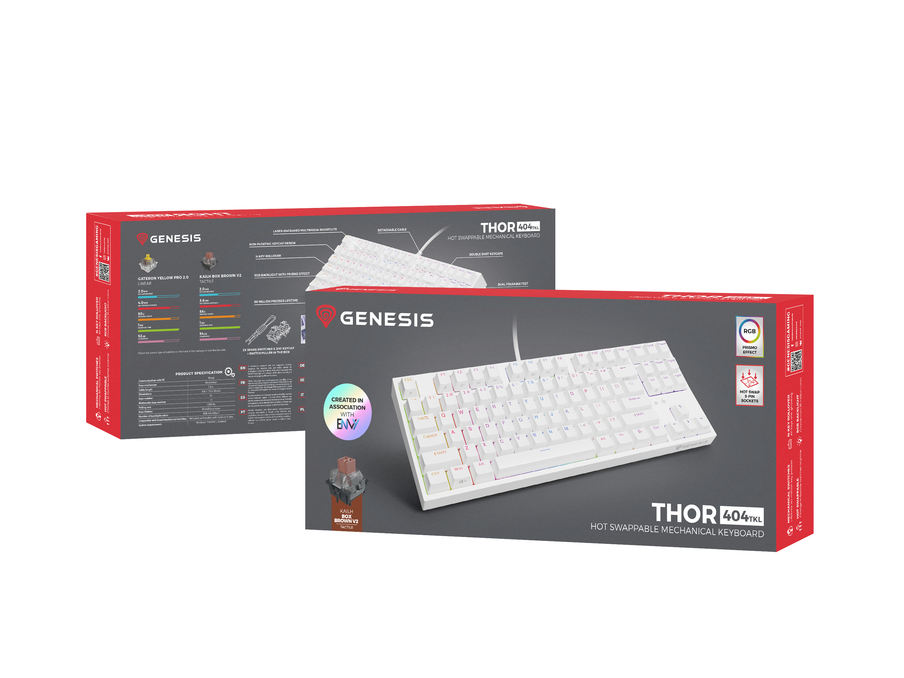 Biała klawiatura mechaniczna Genesis Thor 404TKL na ciemnym tle.