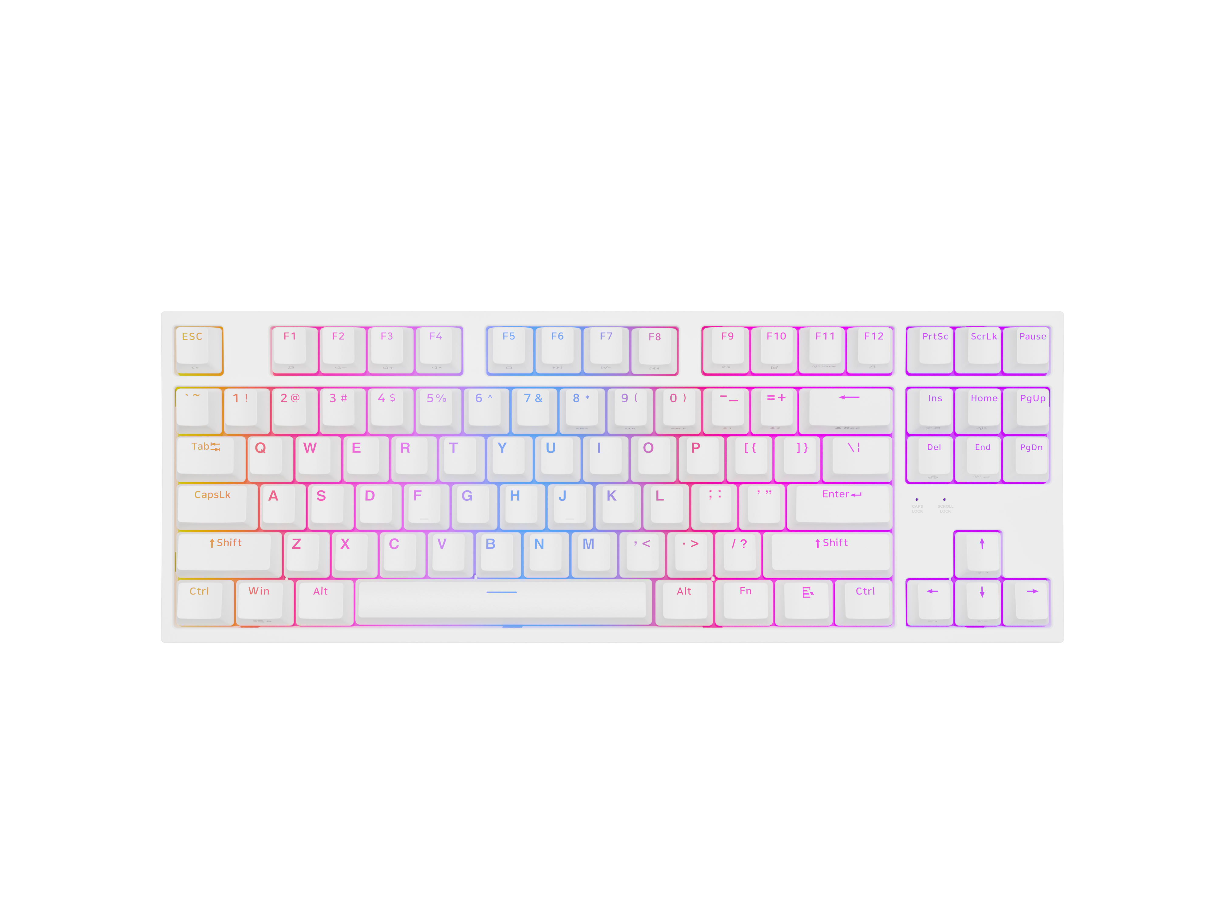 Biała klawiatura mechaniczna z podświetleniem RGB na klawiszach i krawędziach.