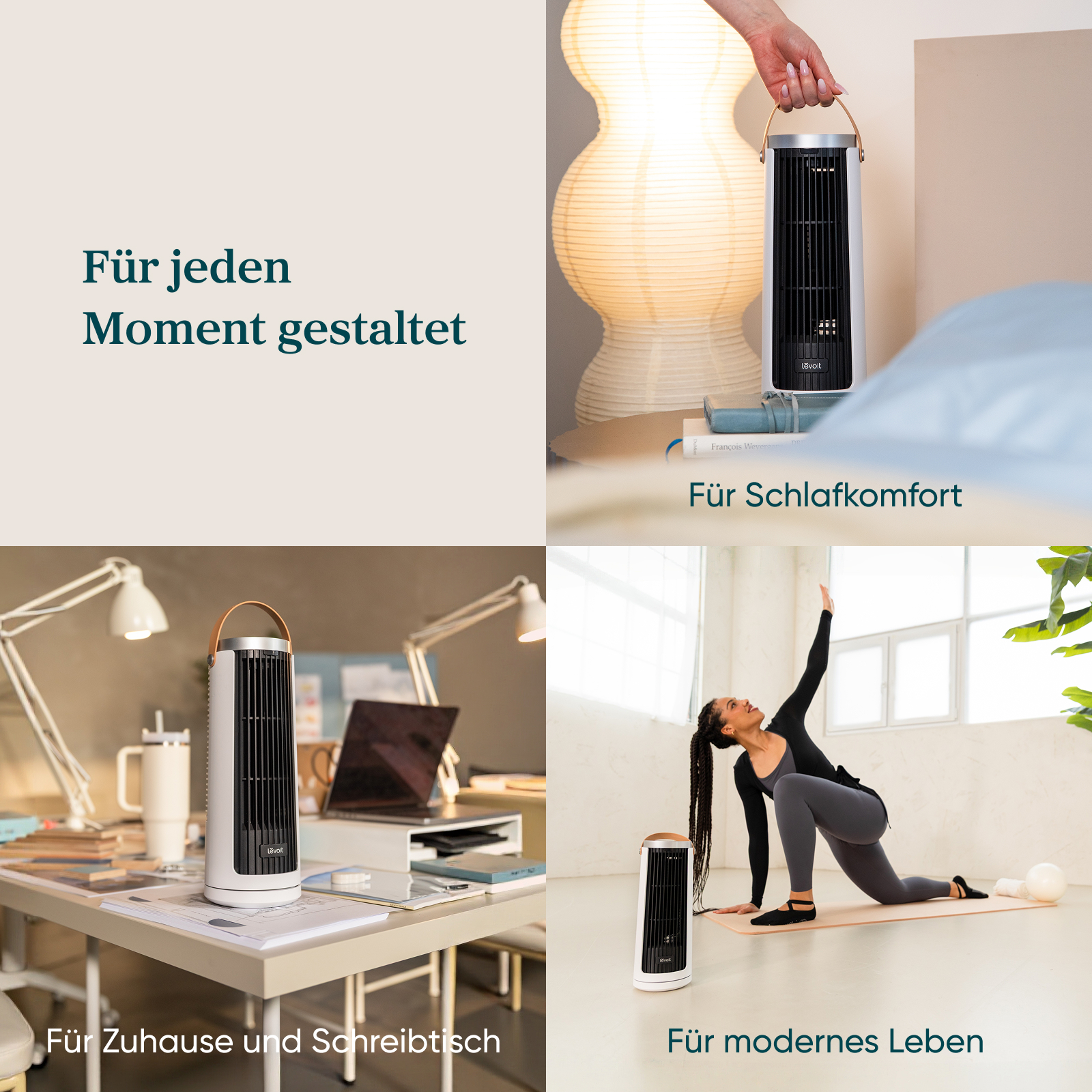 Vier Szenen zeigen einen weißen Turmlüfter in verschiedenen Umgebungen: Schlafzimmer, Schreibtisch, Yoga.