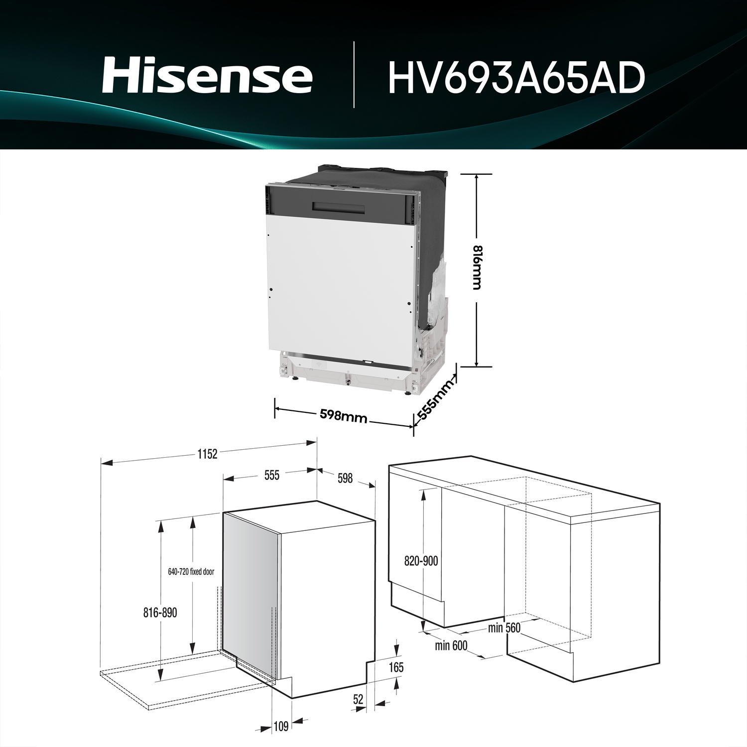Disegno tecnico di una lavastoviglie Hisense con dimensioni.