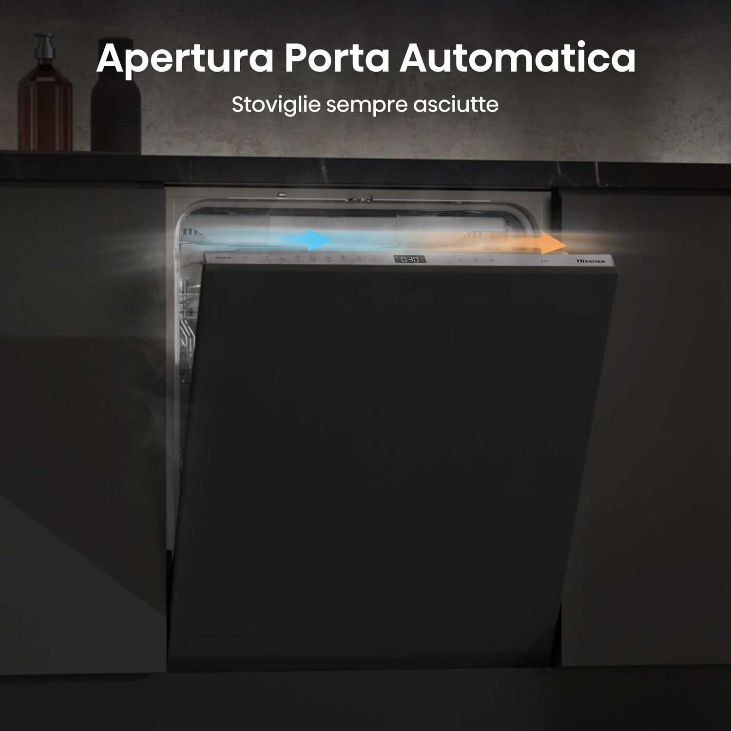 Lavastoviglie con apertura automatica porta, interno con indicatori flusso aria.