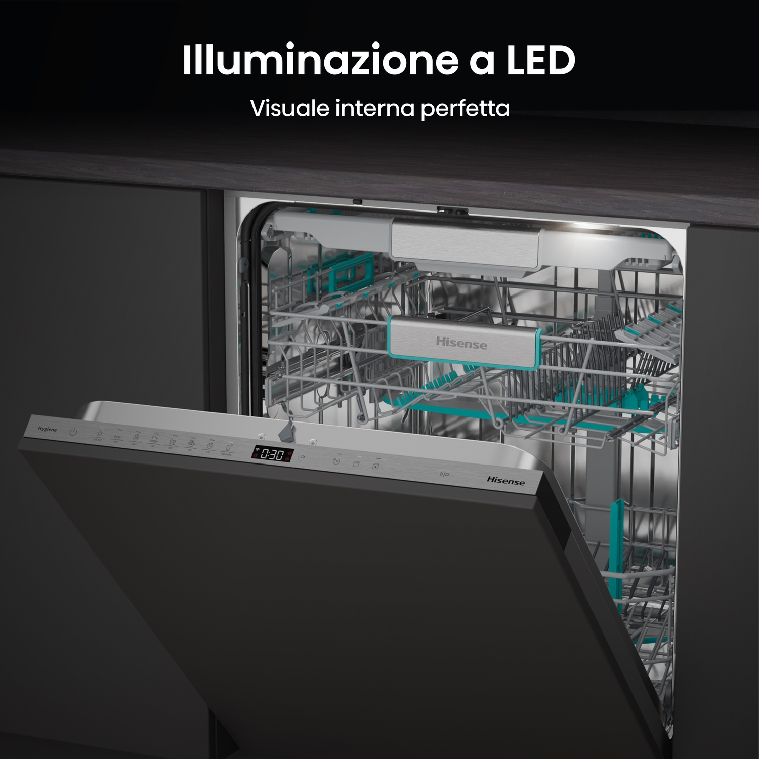 Lavastoviglie aperta con illuminazione interna a LED, cestelli e pannello di controllo.