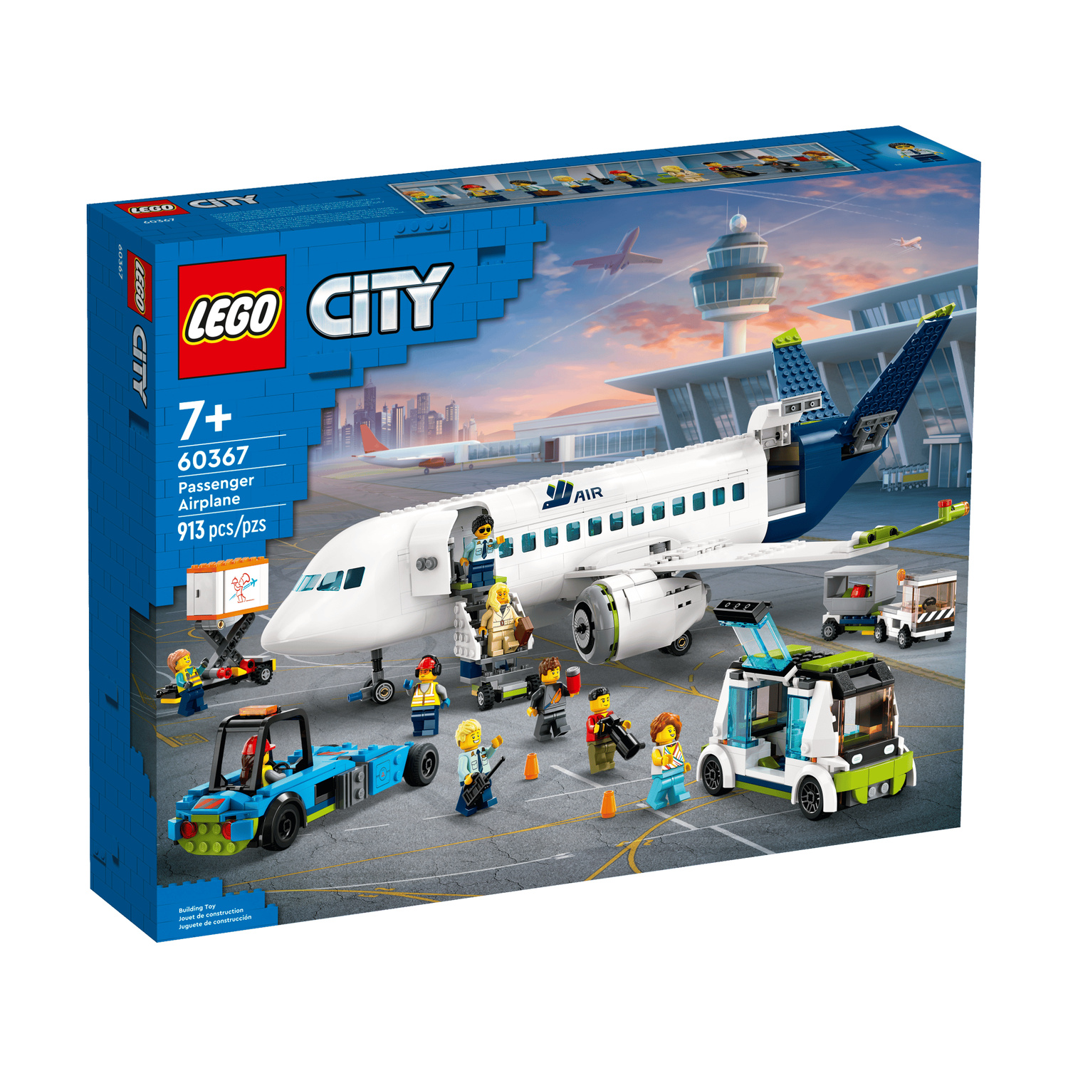 Set di aeroplano passeggeri Lego City con aereo, veicoli e figure in un aeroporto.