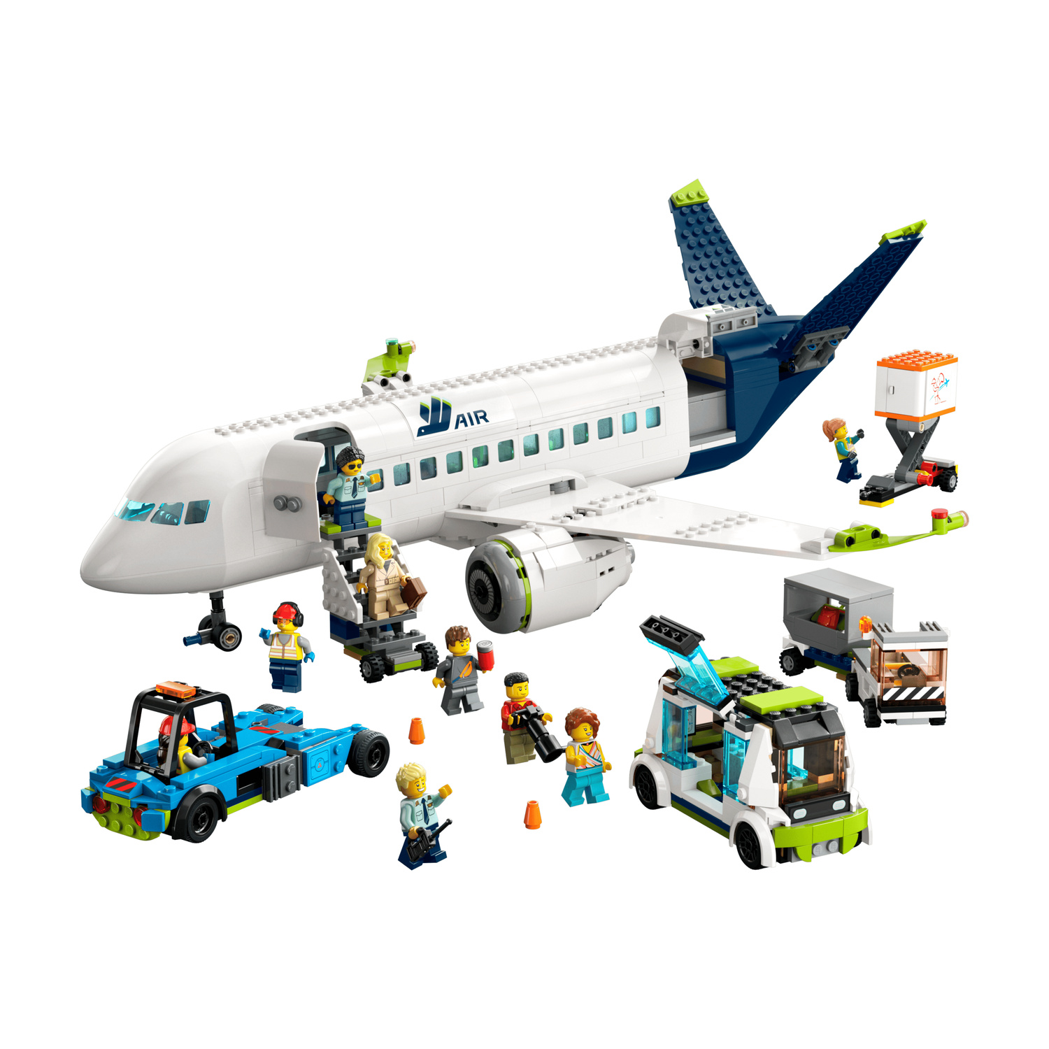 Aereo Lego con figure e veicoli su sfondo bianco.